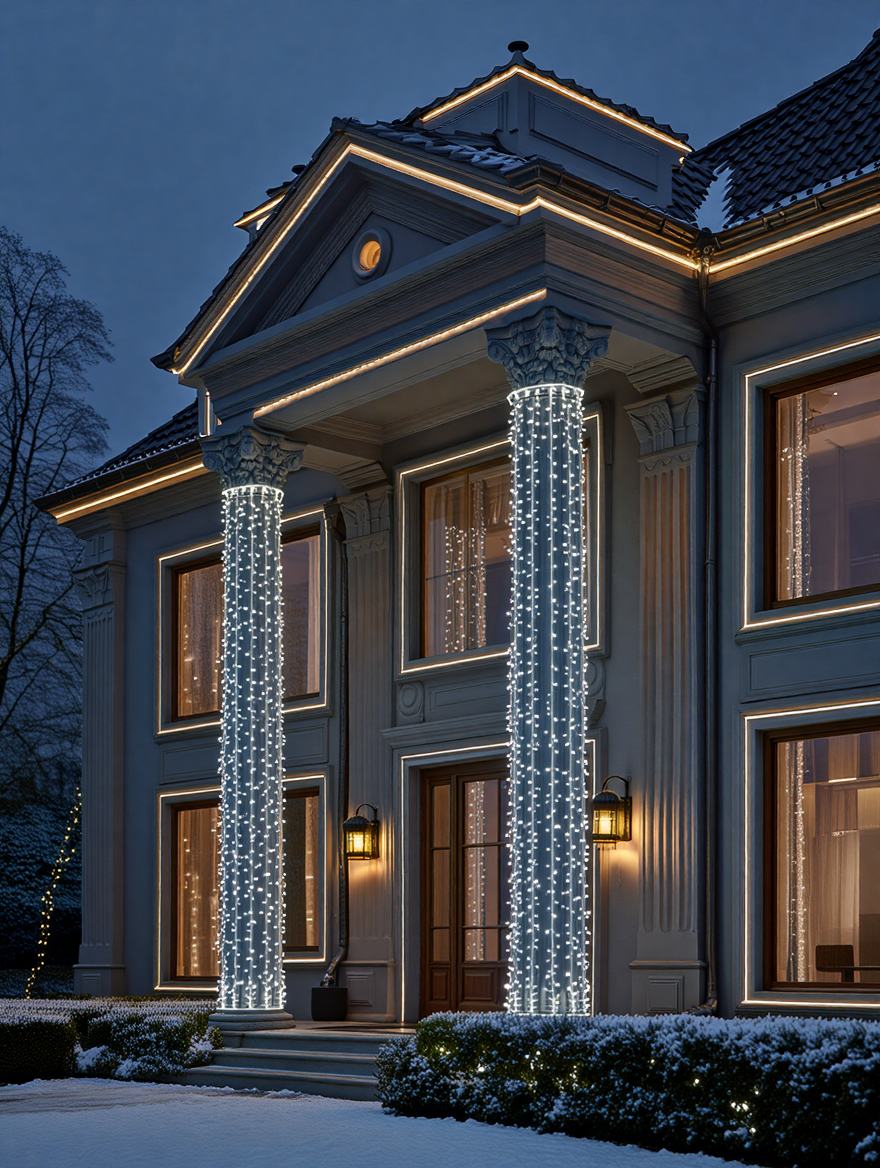 уличная LED гирлянда 50 м на колоннах дома белая нить 500 LED