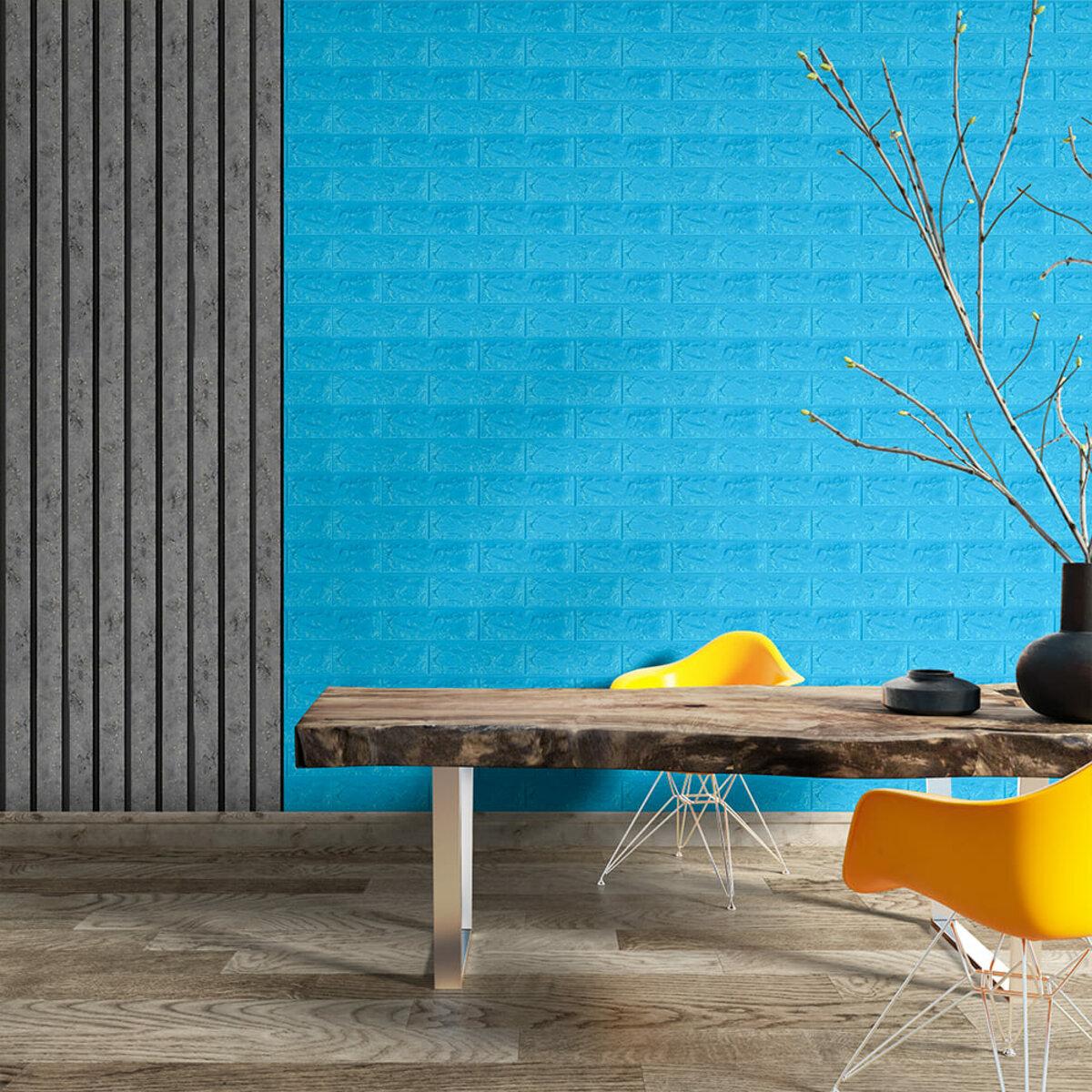 Интерьер с синей 3D панелью кирпич — самоклеящиеся декоративные панели для стен