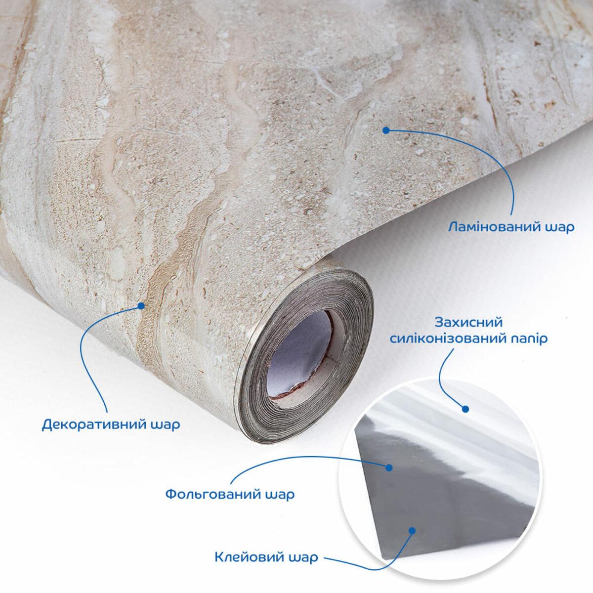 Рулон ламинированной самоклеящейся пленки для мебели 600х10000 мм, слоистая структура: ламинация, декоративный слой, фольга, клеевой слой