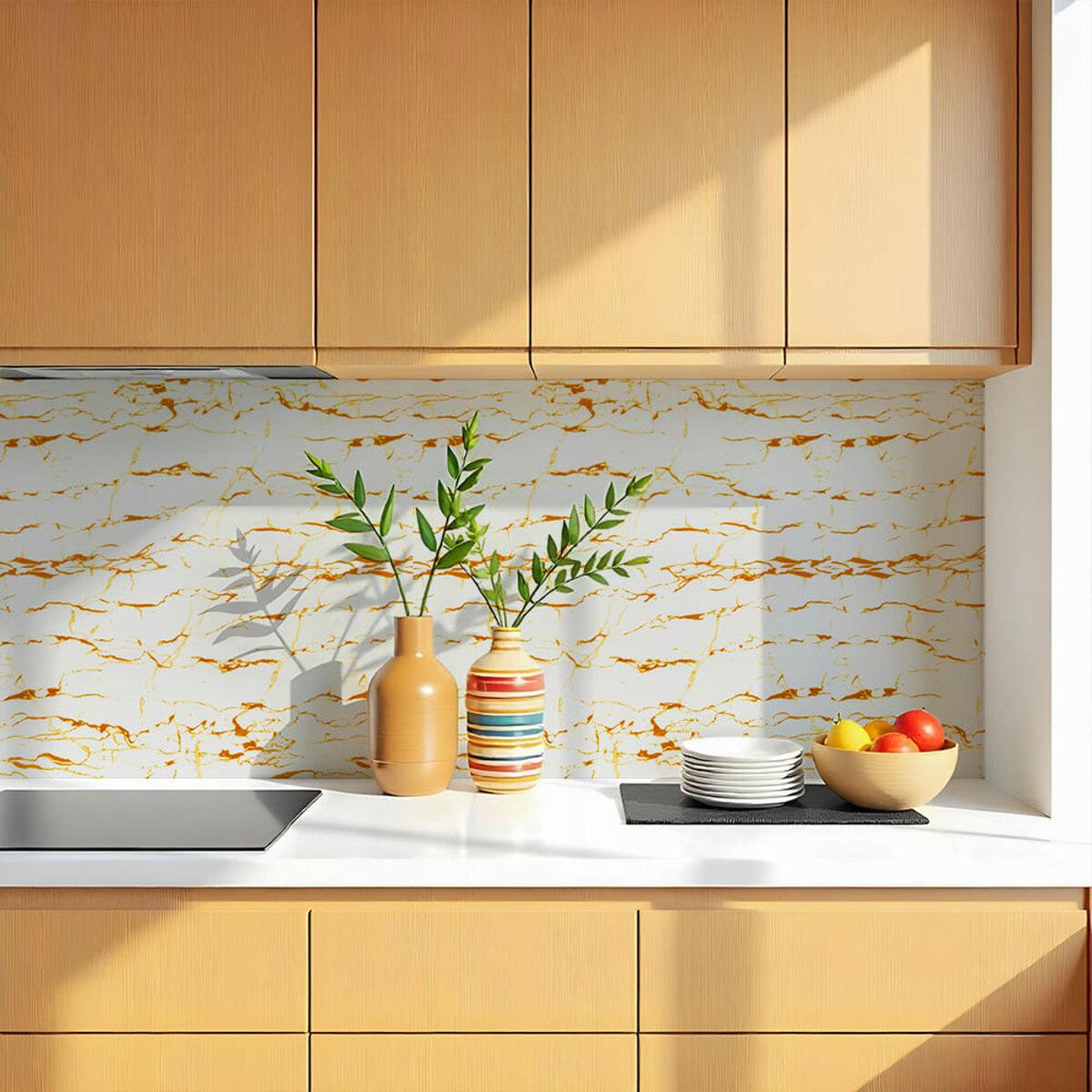 самоклеящаяся PET плитка имитация мрамора на кухонном фартуке 600х300