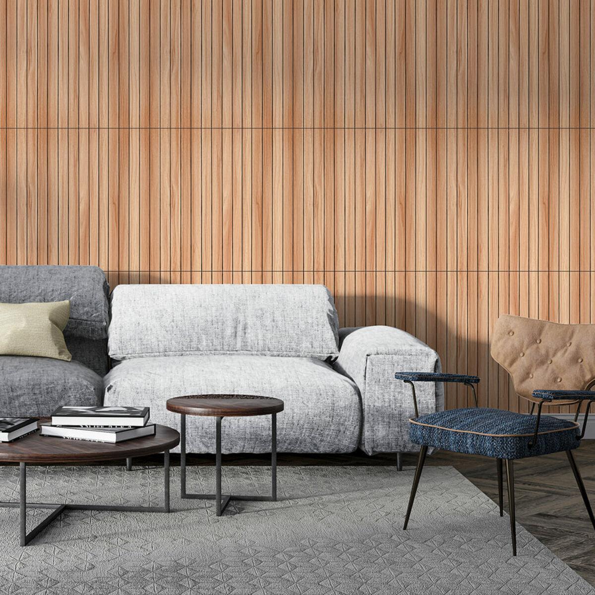 виниловые 3D рейки для стен Тик золотистый в интерьере панель 600x600