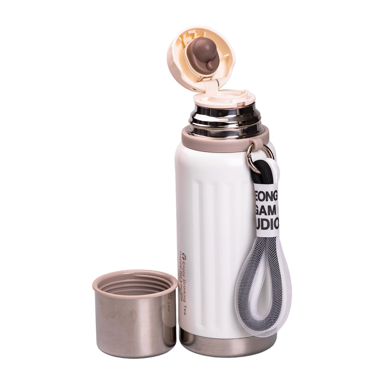 Белый термос 600 мл с чашкой и текстильным ремешком — термос для путешествий 600 мл