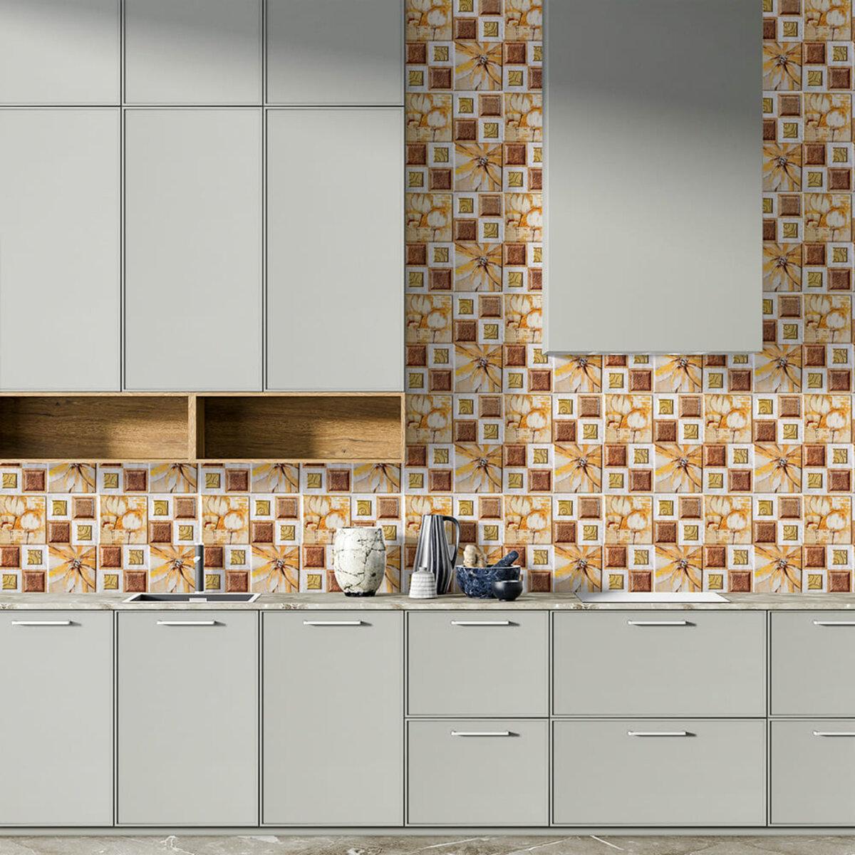 Декоративная ПВХ плитка 300х300 в интерьере кухни — влагостойкая самоклеящаяся панель