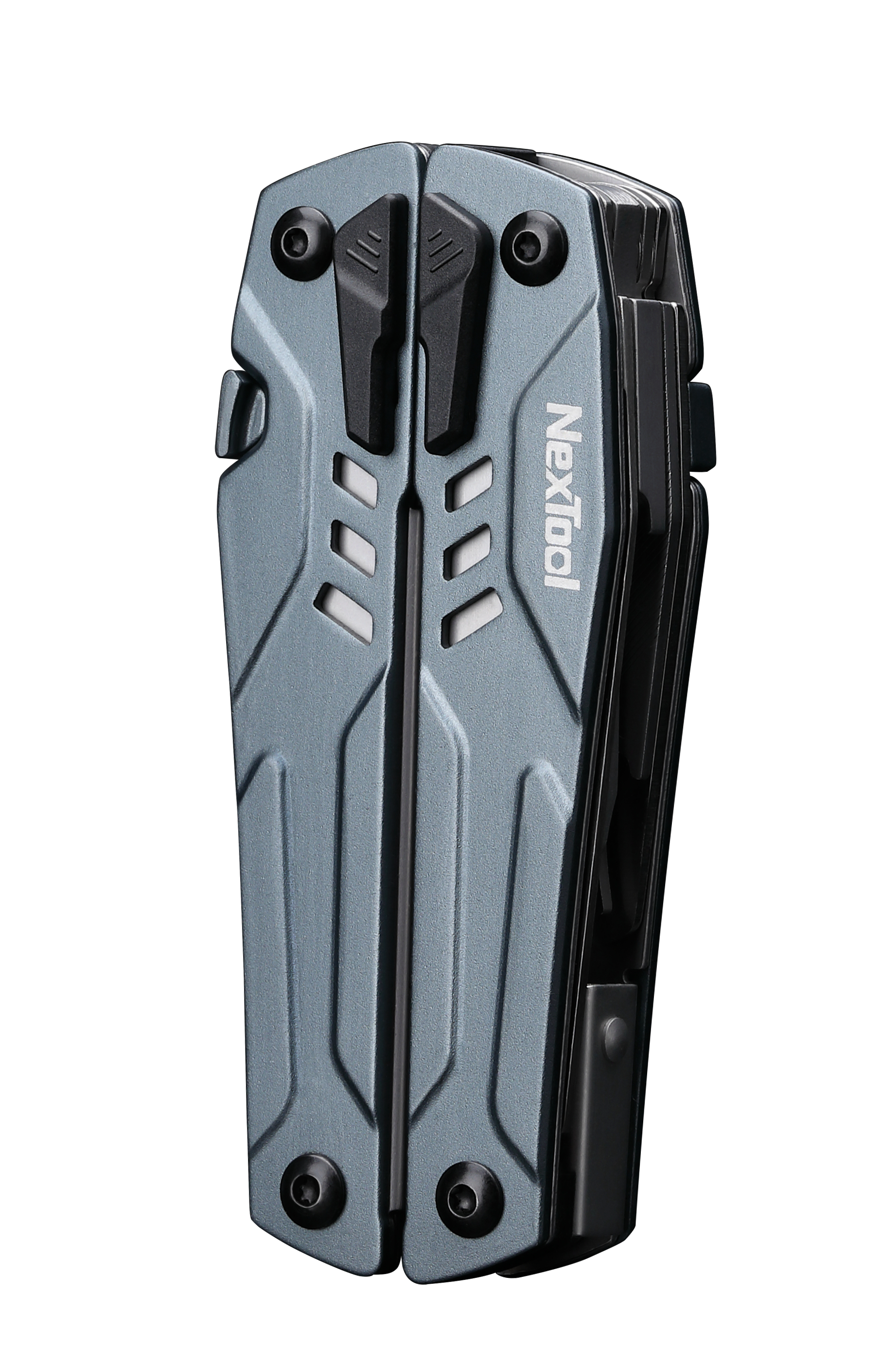 мини мультитул для туризма сложенный вид сбоку, серебристо-голубая рукоять