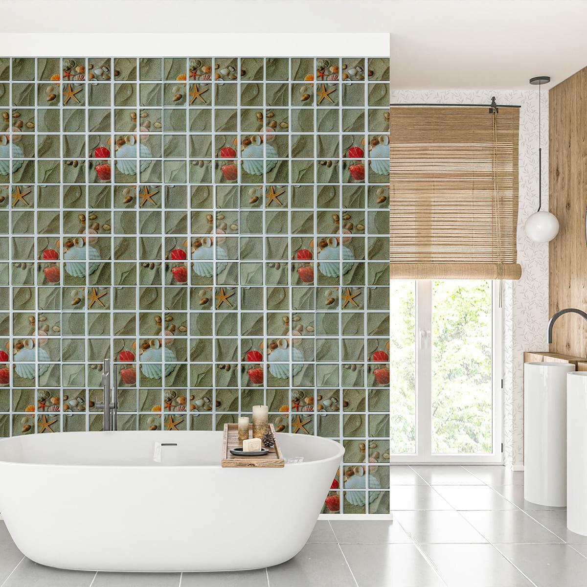 Декоративная ПВХ панель в интерьере ванной 960х480мм — мозаика с ракушками