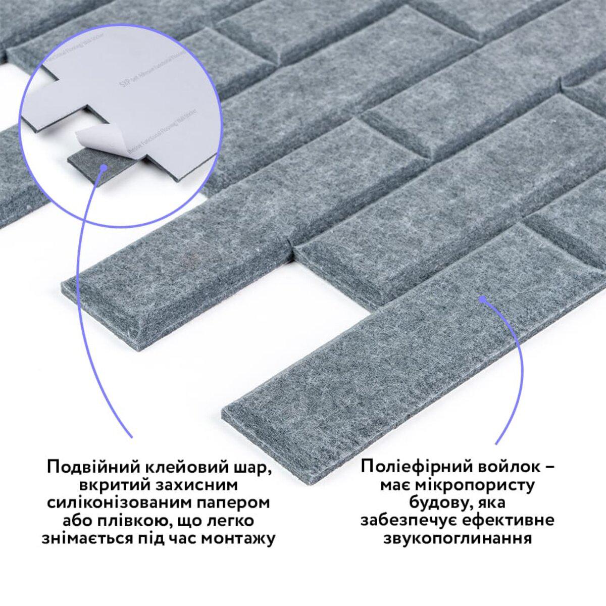Самоклеюча звукоізоляційна панель темно-сіра з видимим клейовим шаром і поліефірним войлоком