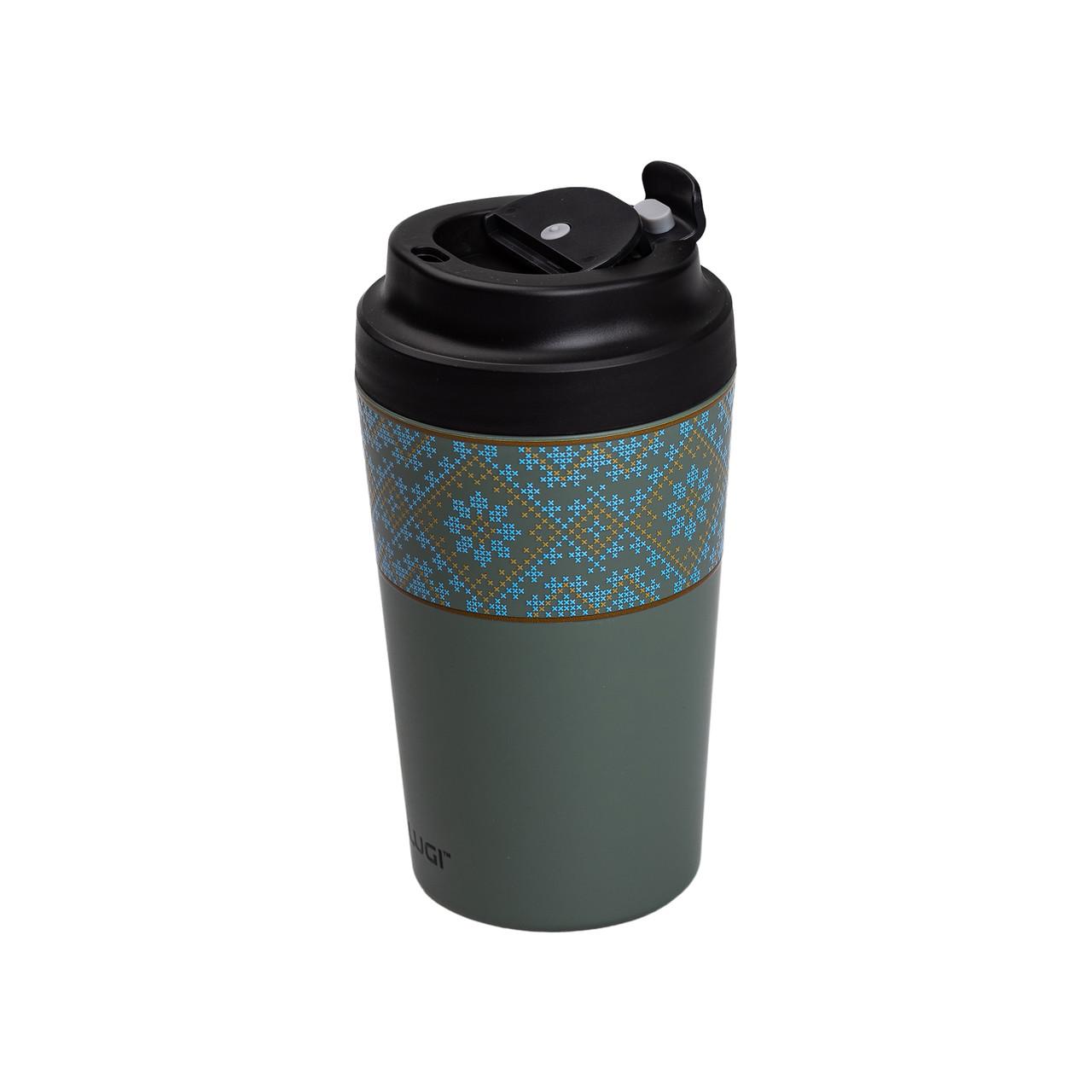 Термокружка с керамической колбой 380 мл серо-зеленая, вид с закрытой крышкой — термокружка с керамической колбой 380 мл