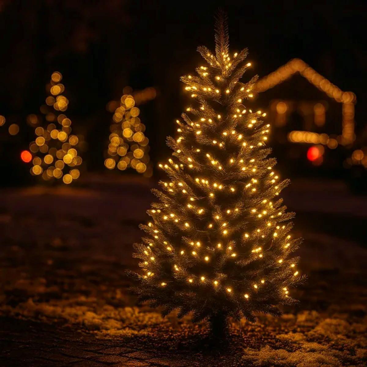 гирлянда нить для улицы 30 м на дереве — тёплый жёлтый свет, 300 LED