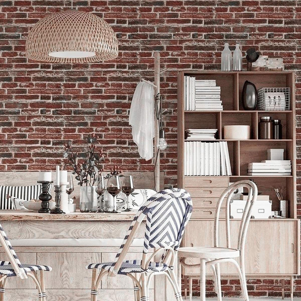 Декоративная 3D панель самоклейка кирпич красный в интерьере 700x770 мм