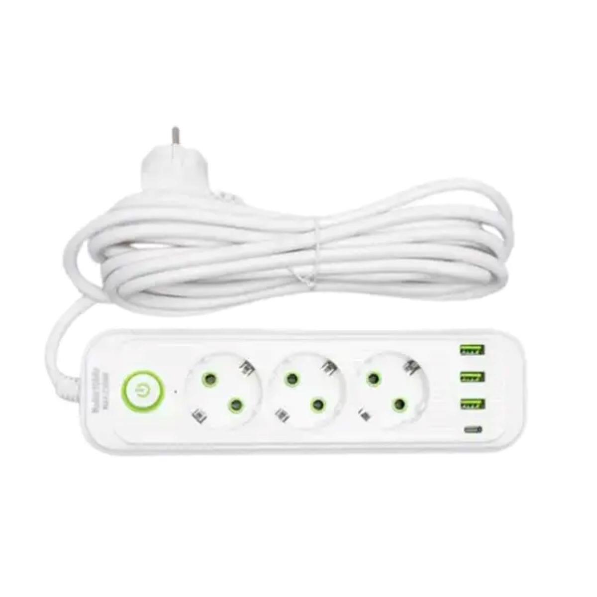 Білий подовжувач на 3 розетки з трьома USB-A, USB-C та кабелем 5 метрів