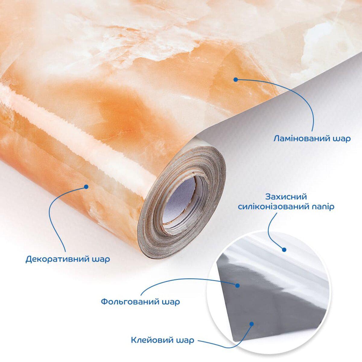 структура пленки: ламинированный слой, фольга, клеевой слой — самоклеящаяся пленка для мебели 60х10000
