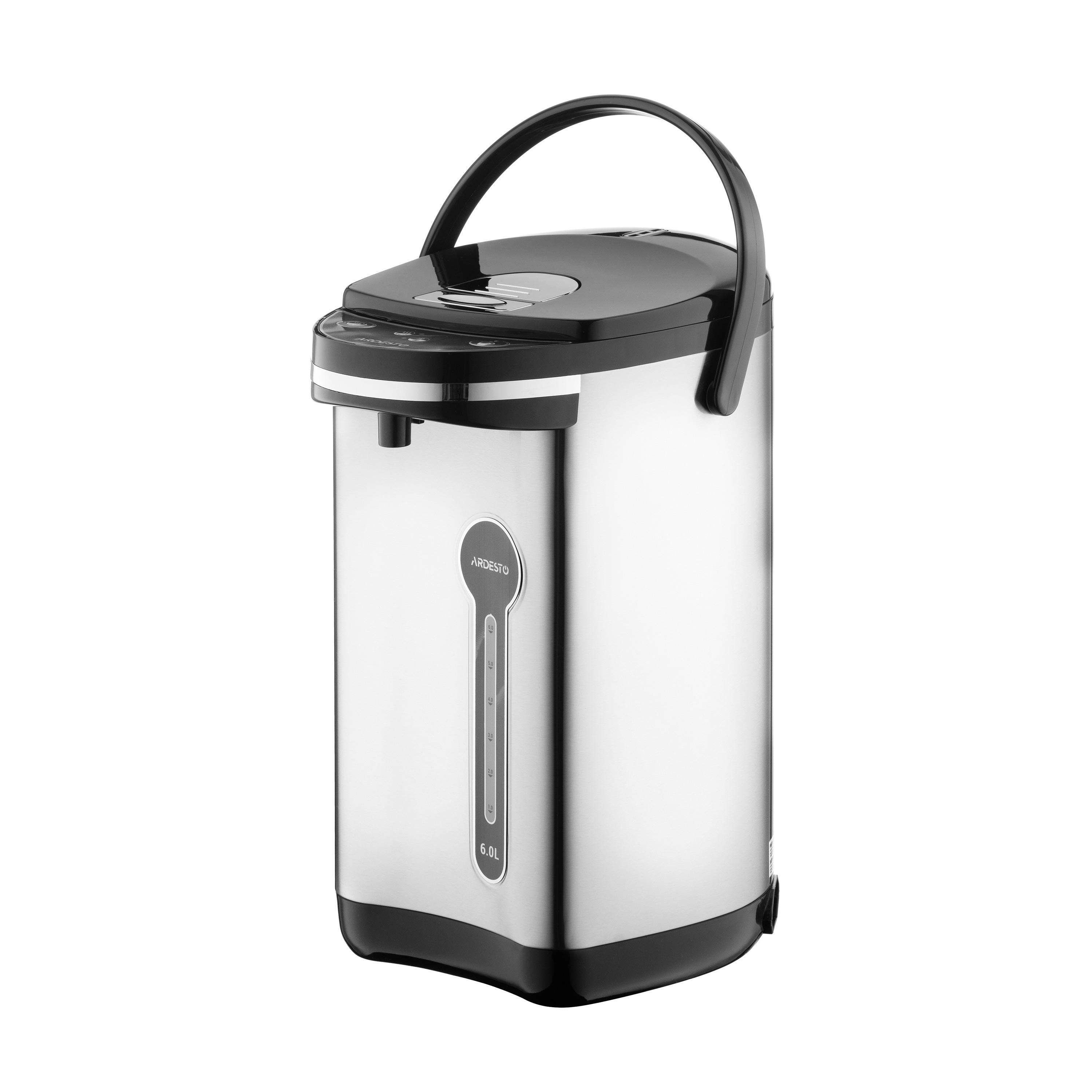 термопот на 6 литров, нержавеющая сталь, вид спереди с ручкой и шкалой уровня воды