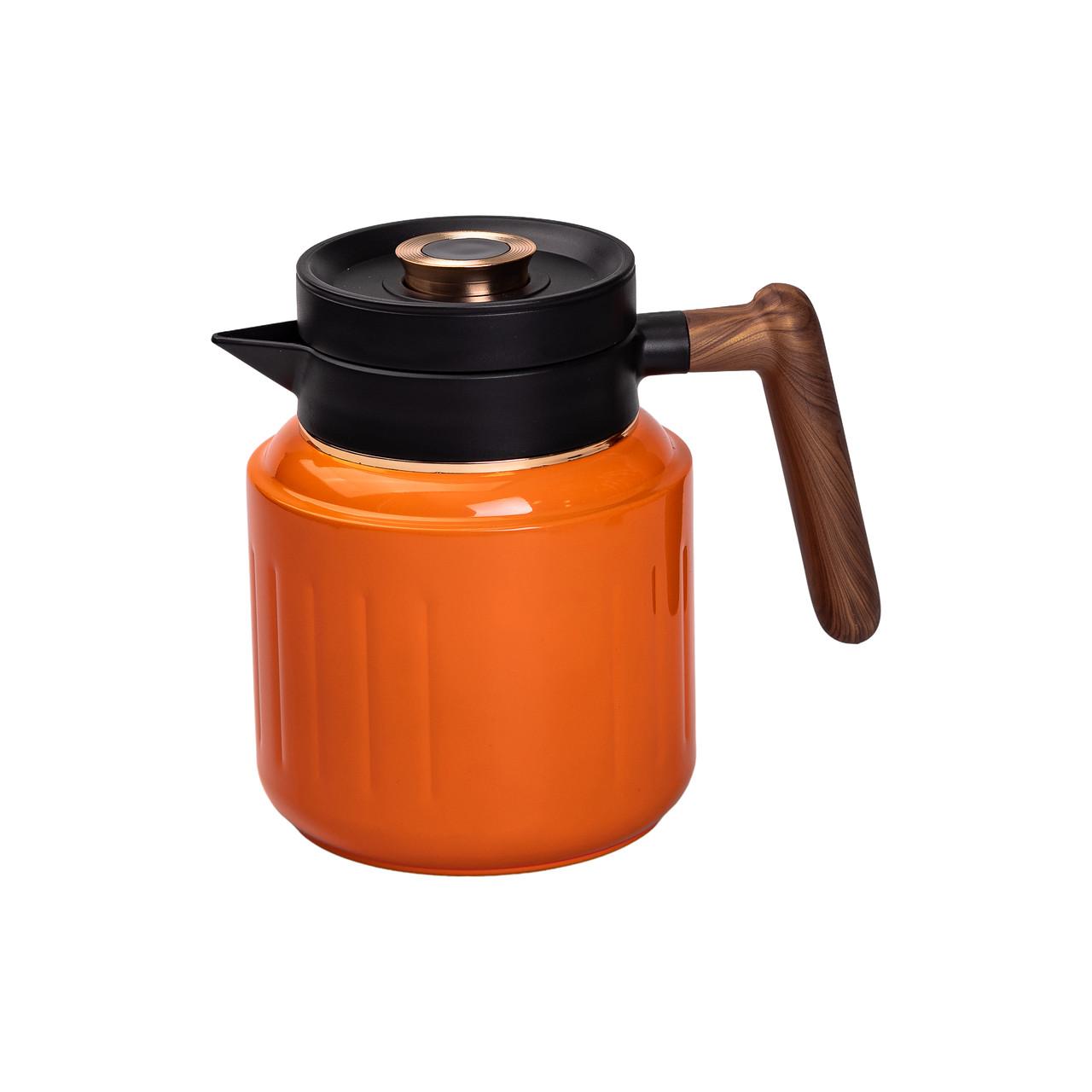 Оранжевый термос-чайник 1 л с деревянной ручкой и индикатором температуры