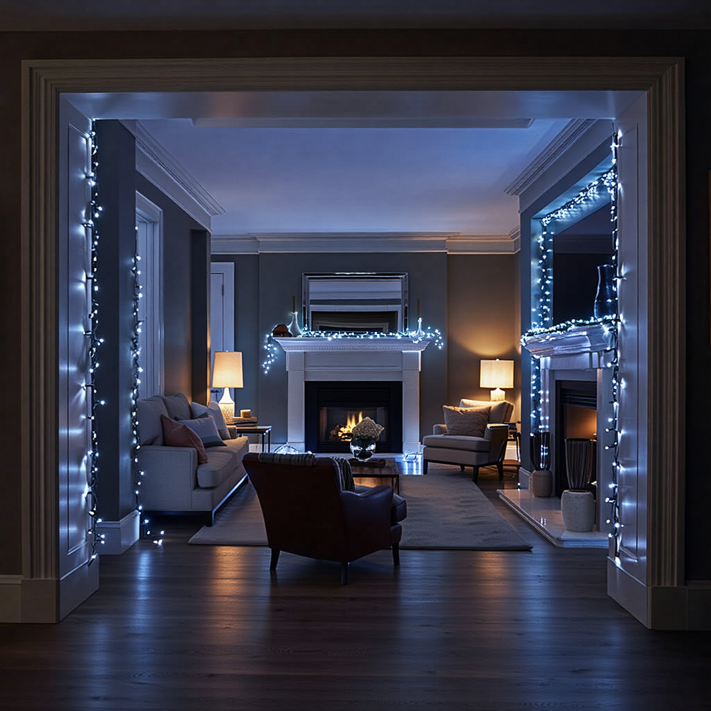 гирлянда нитка белое свечение 16 м на арках и камине, 160 LED, черный провод