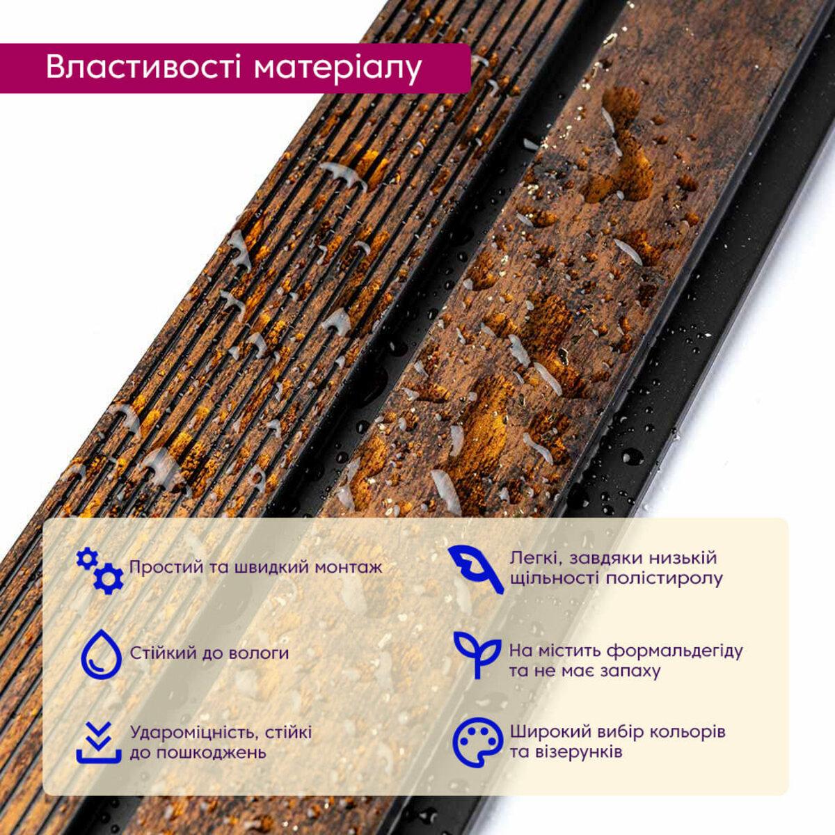 Декоративная рейка с золотыми вкраплениями — крупный план фактуры и водостойкости, рейка под дерево с золотыми вкраплениями