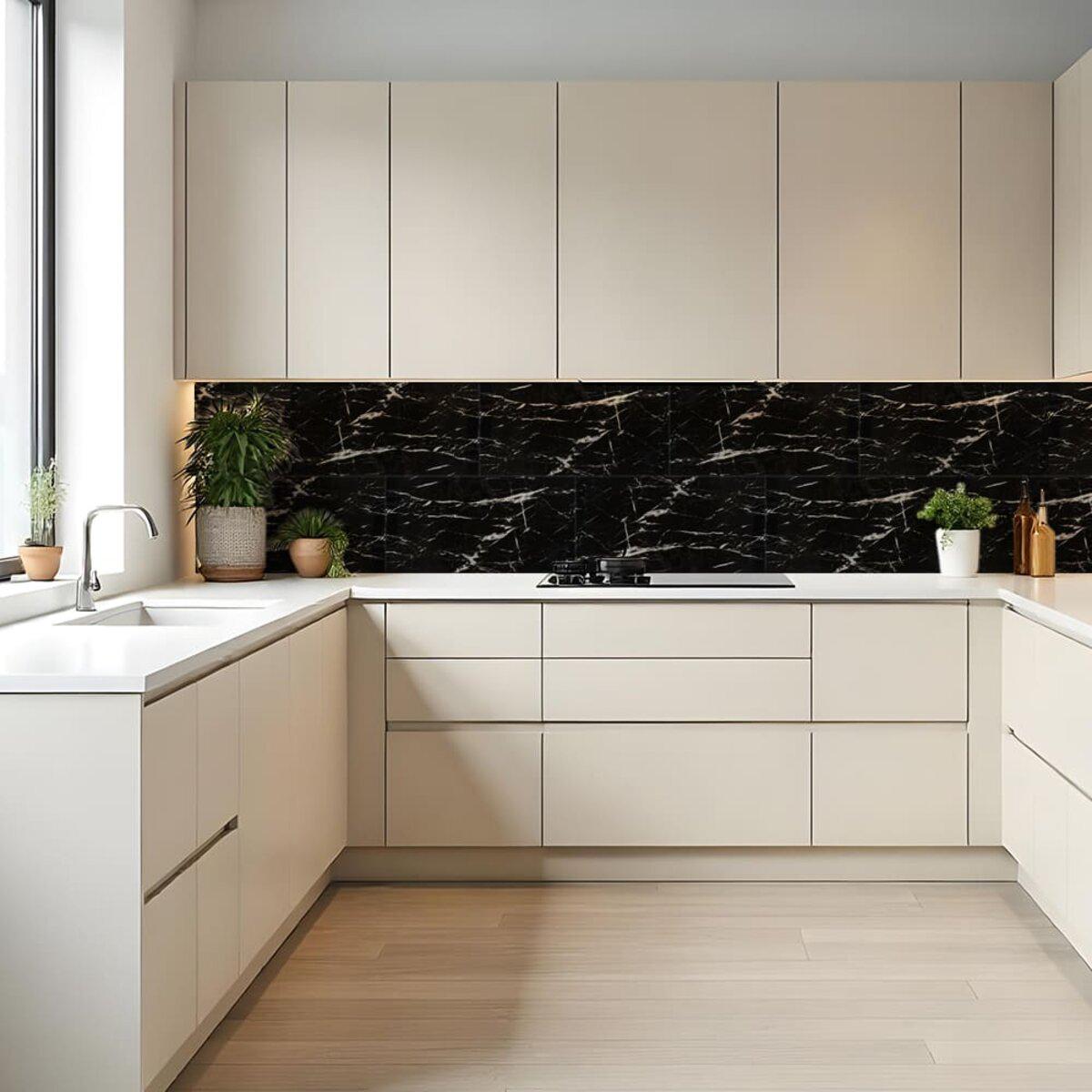 панели для стен имитация мрамора — самоклеящаяся PET плитка 600x300 на кухне