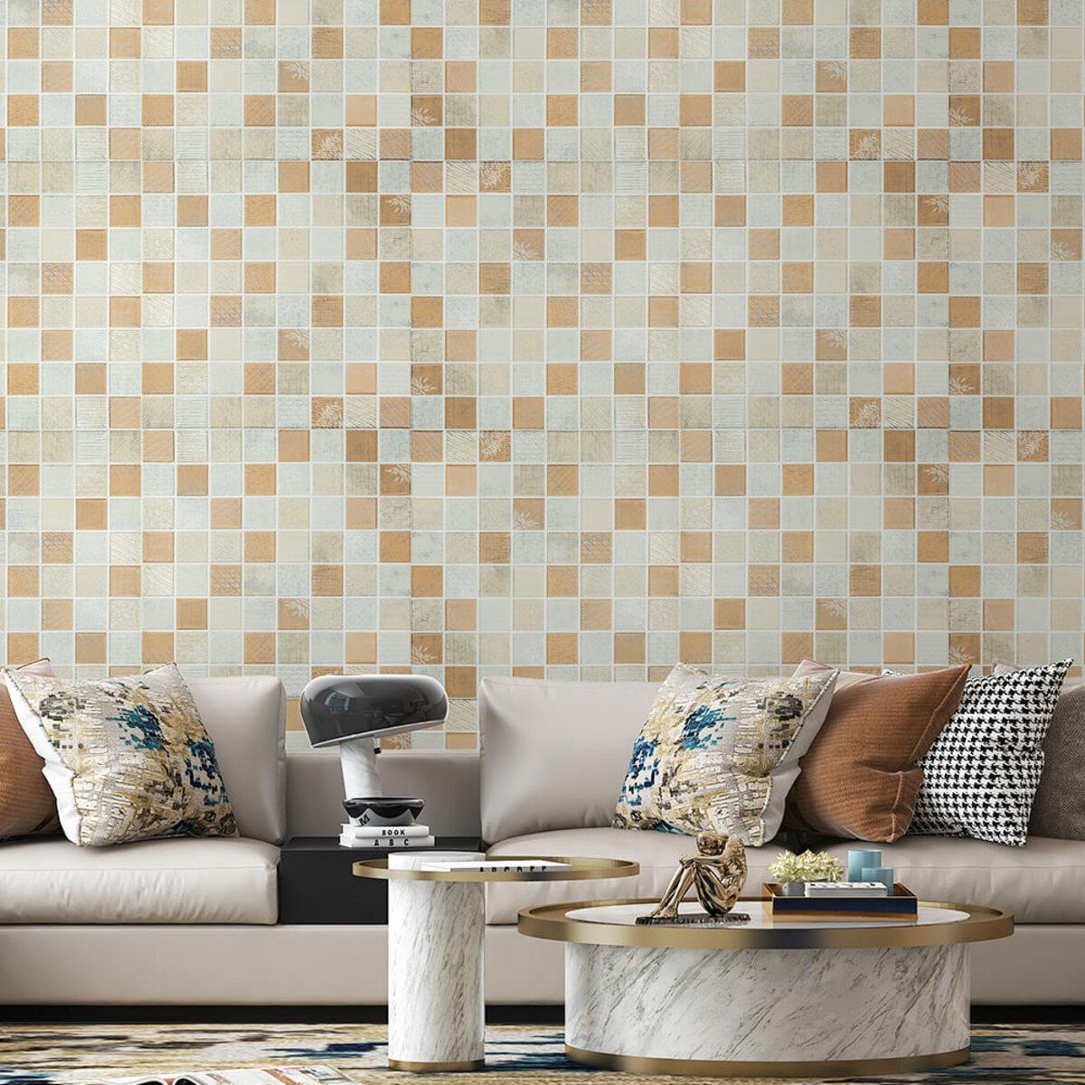 Декоративные самоклеящиеся 3D панели для стен мозаика бежевая в интерьере, панель 700x700 мм