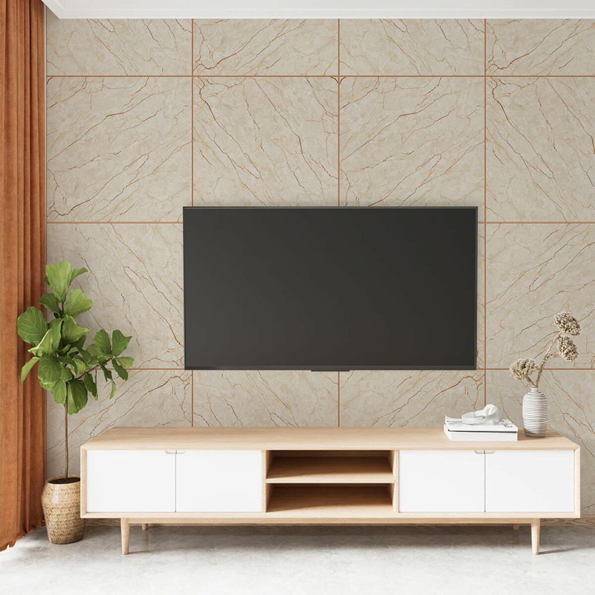 Декоративна ПВХ плита світло-бежевий мармур у сучасному інтер’єрі вітальні