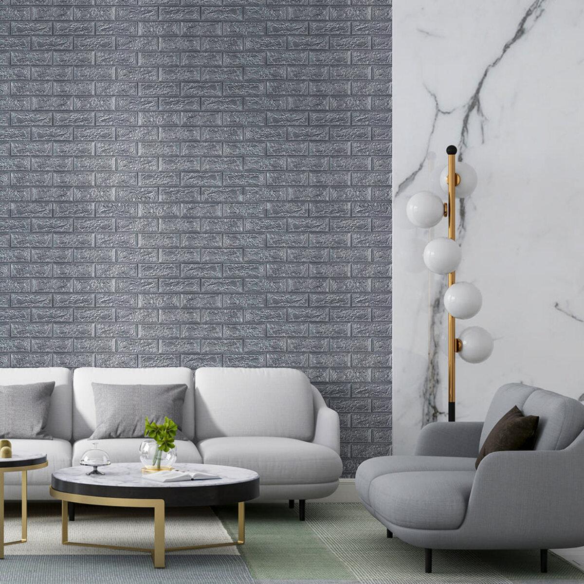 Стеновая 3D панель серебряный кирпич в интерьере, рулон 19600x700x2 мм