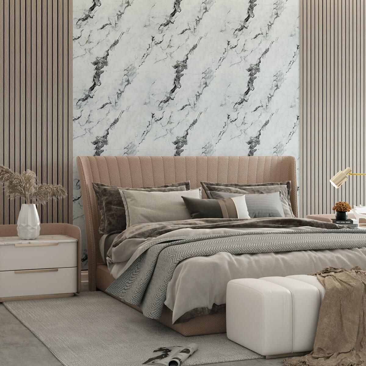 Панель PET 600х300 в интерьере — самоклеящаяся стеновая плитка под мрамор, декоративная панель 600×300×2 мм