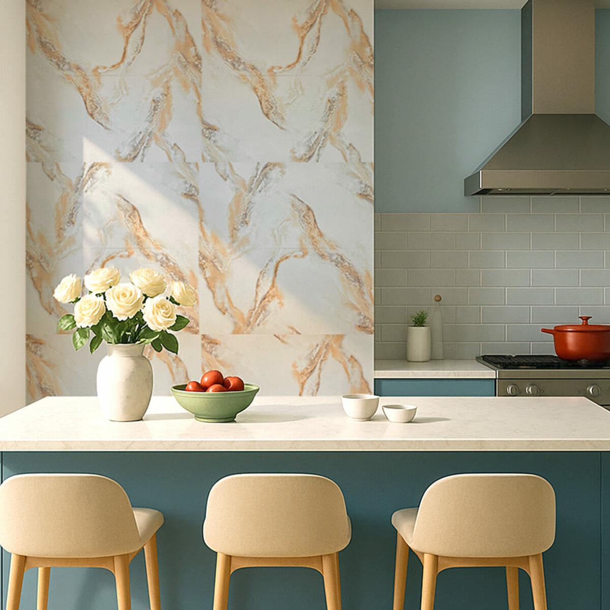 Интерьер кухни с самоклеящимися PET панелями 600x300 влагостойкая плитка