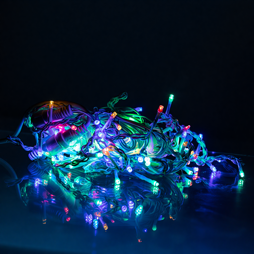 Мультиколорная светодиодная бахрома 6 м на тёмном фоне — RGB гирлянда с эффектом флеш