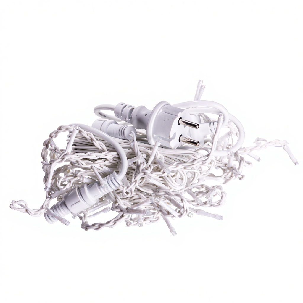 Белый провод гирлянды бахрома 6 м, вид шнура питания и штекера — уличная гирлянда с питанием от сети