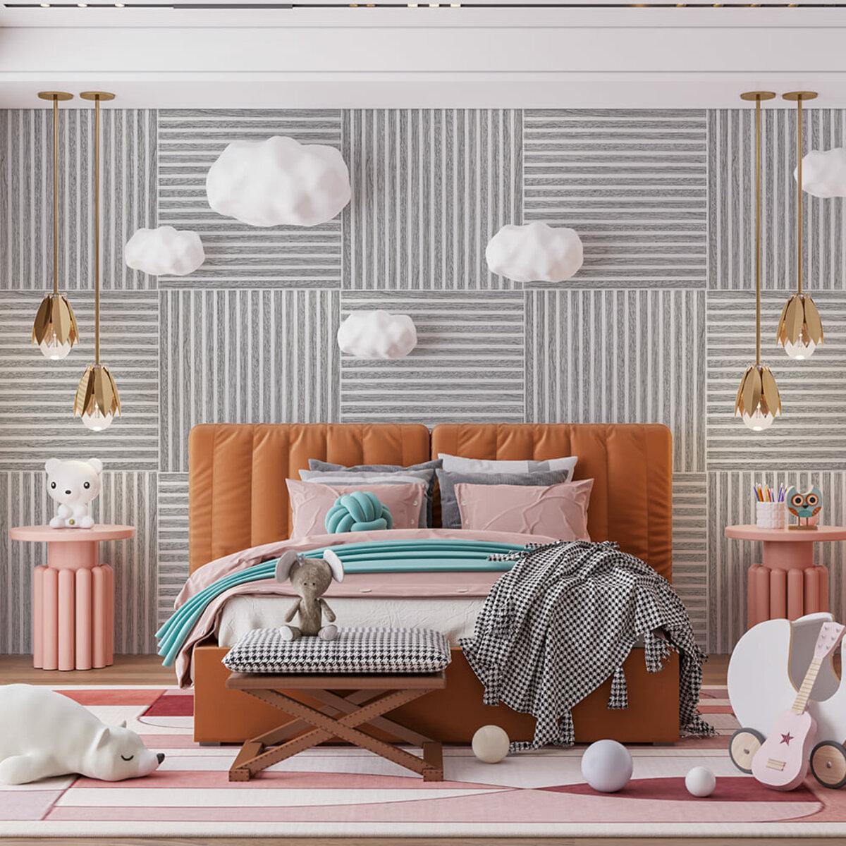 Интерьер с самоклеящимися 3D панелями реечного рисунка бело-серебристые панели для стен 680x670x5 мм