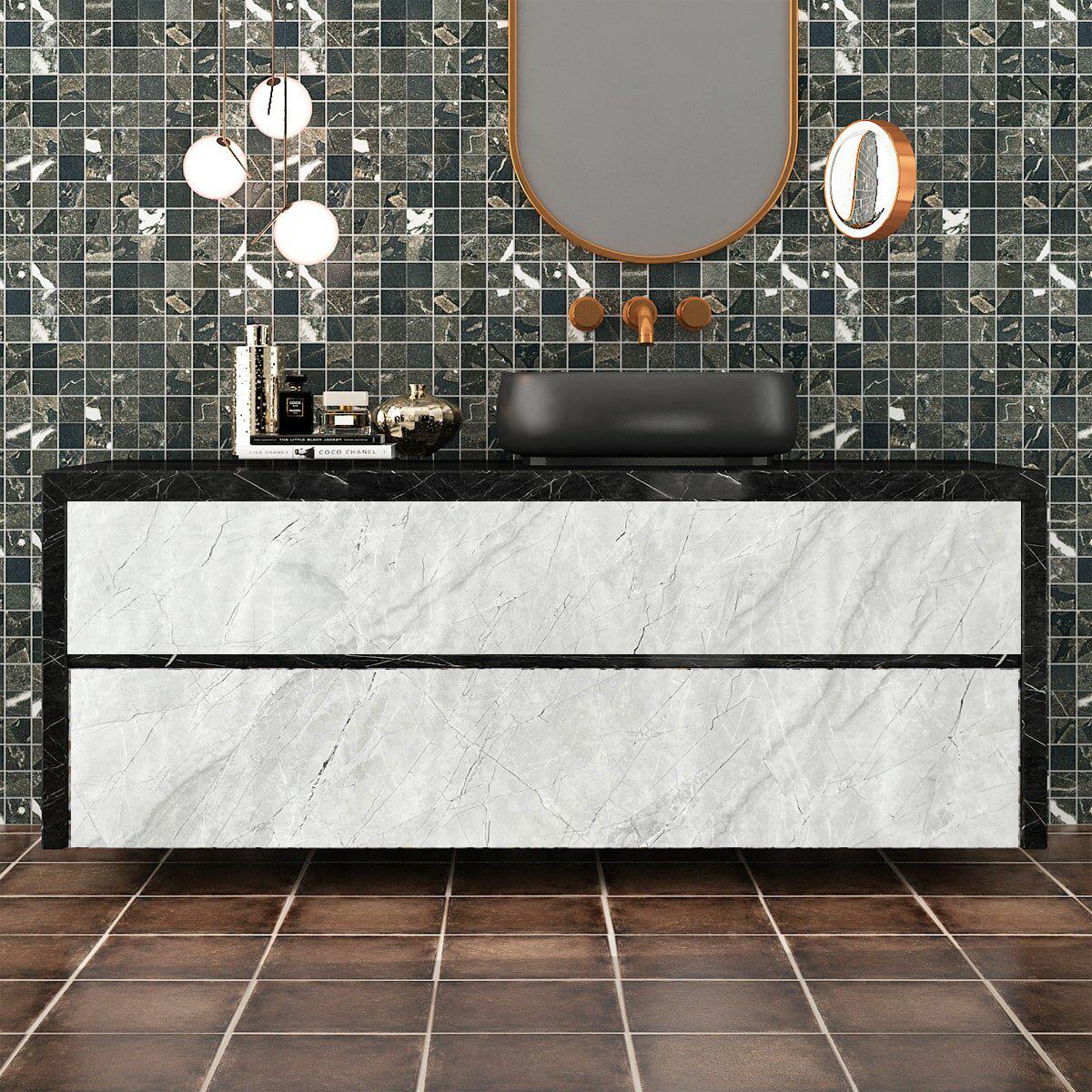 Декоративная самоклеящаяся пленка платиновый мрамор в интерьере — облицовка мебели и фасадов