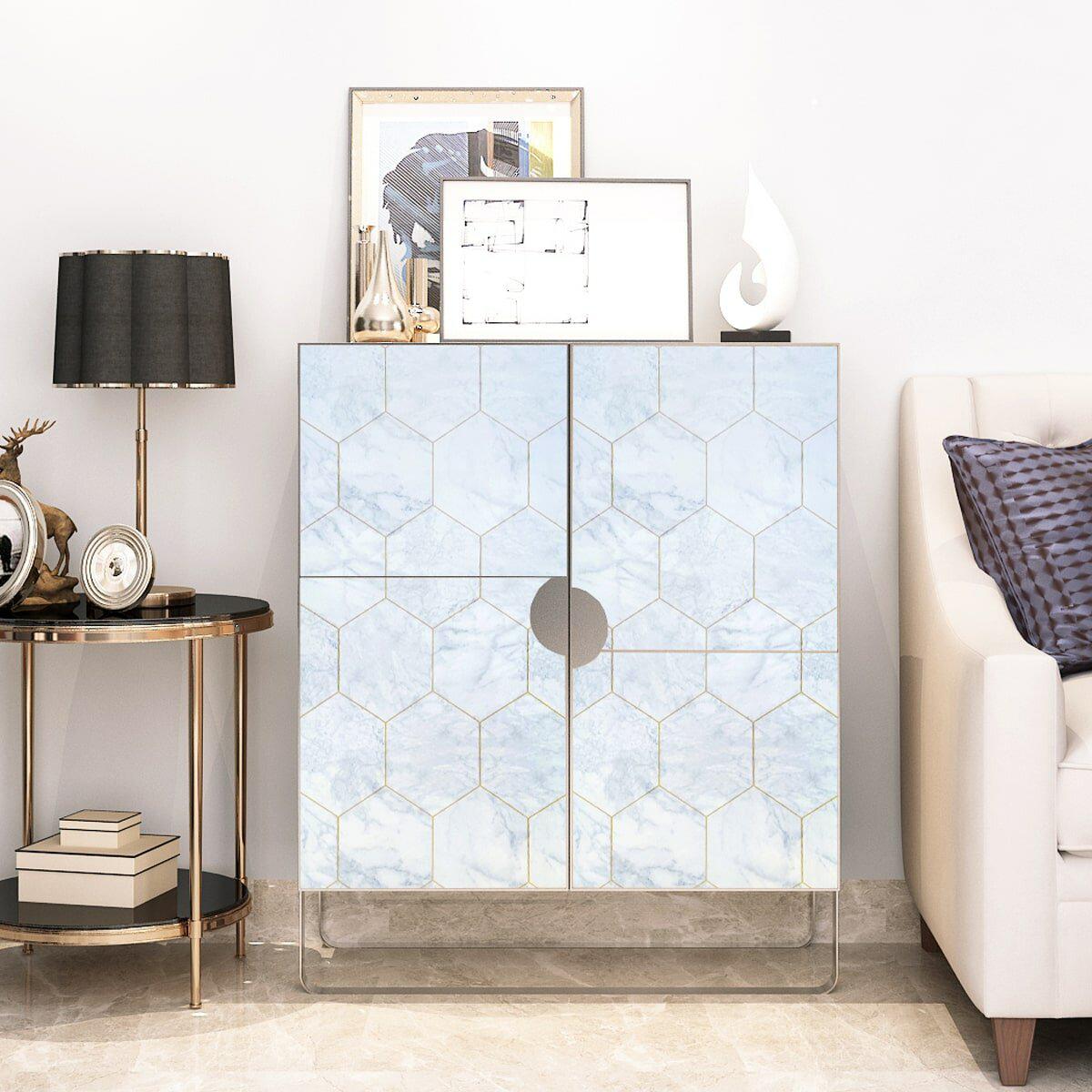 Декорированные дверцы комода самоклеящейся пленкой малахитовый мрамор — пленка для реставрации мебели 0,45х10м