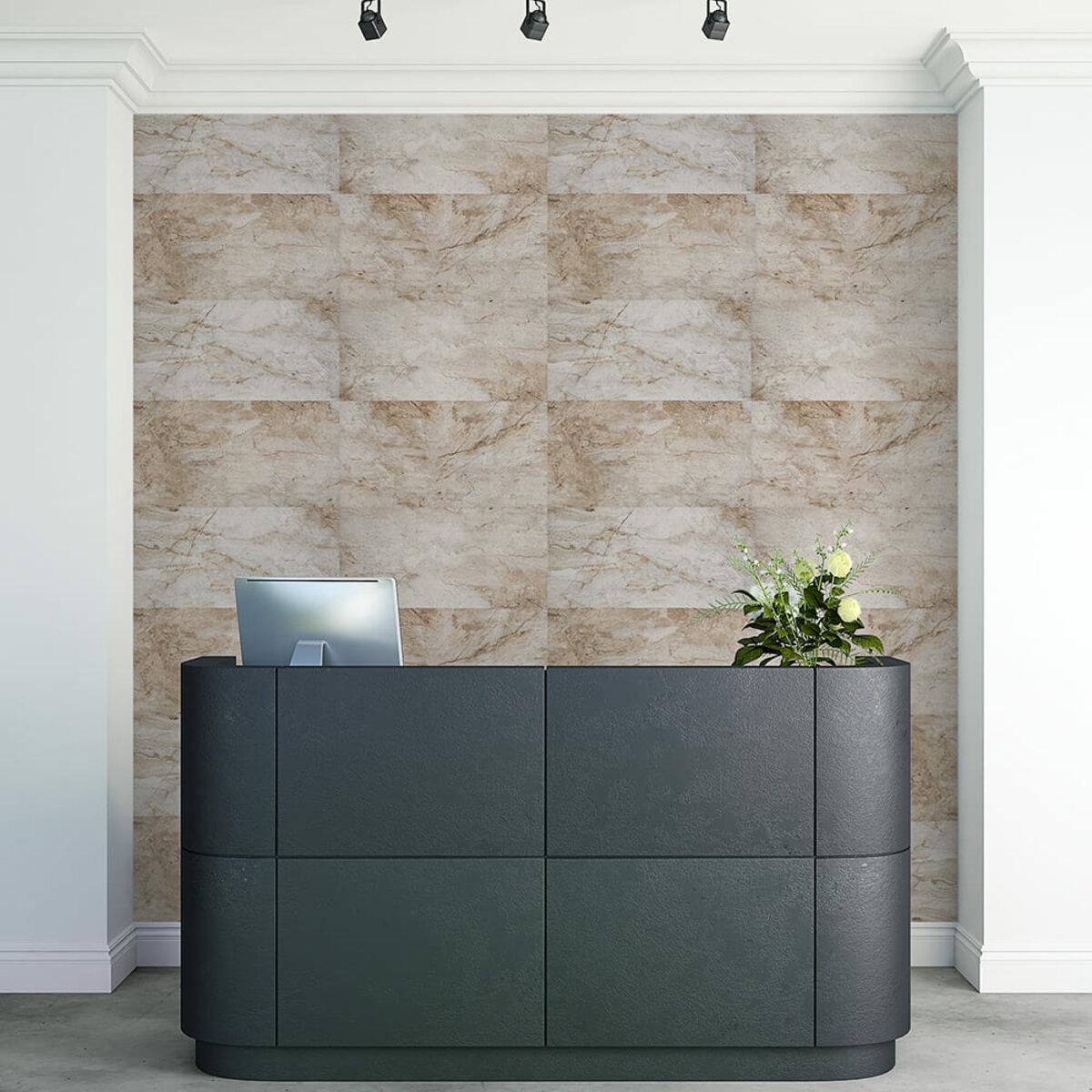 Декоративная стена в интерьере — самоклеящаяся виниловая плитка имитация мрамора 600х300