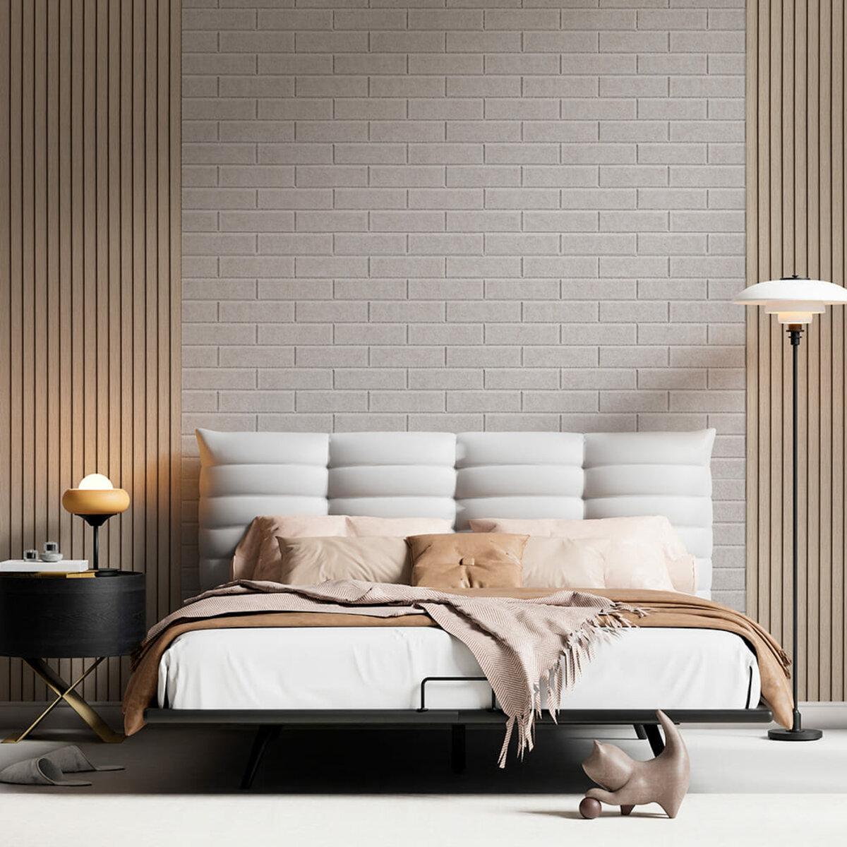 Світло-сіра самоклеюча звукоізоляційна панель 600×600×9 мм у спальні, декоративні панелі для стін