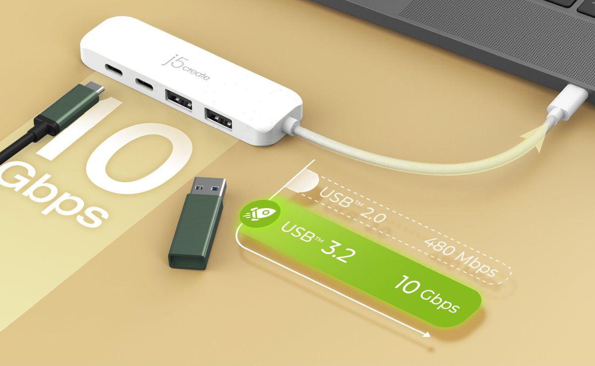 USB-C хаб J5create JCH342ER-N на 4 порти у робочому просторі з підключеними USB-пристроями