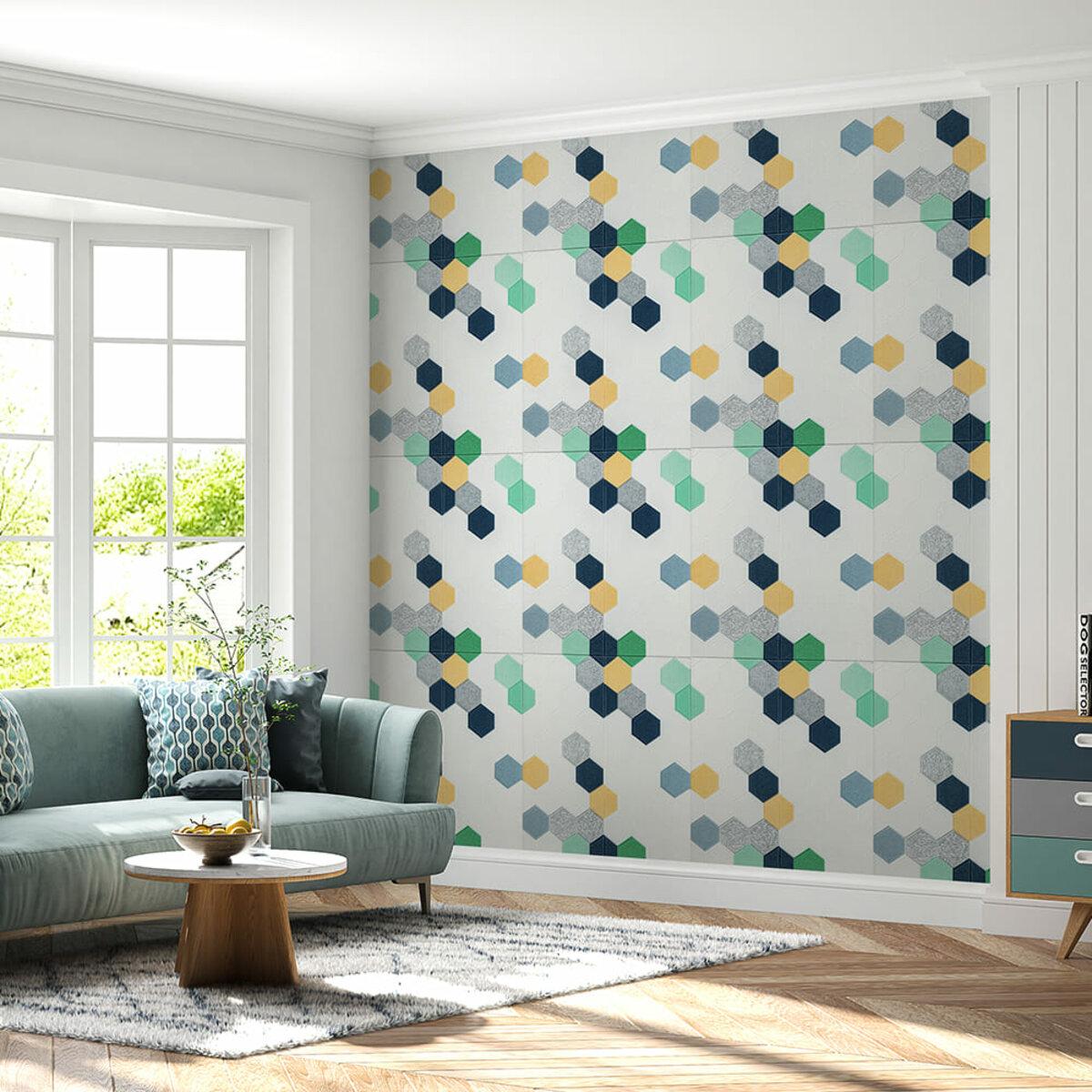 Интерьер с самоклеящимися 3D панелями мозаика сине-жёлтая 700x700 мм, самоклеящиеся 3D панели для стен