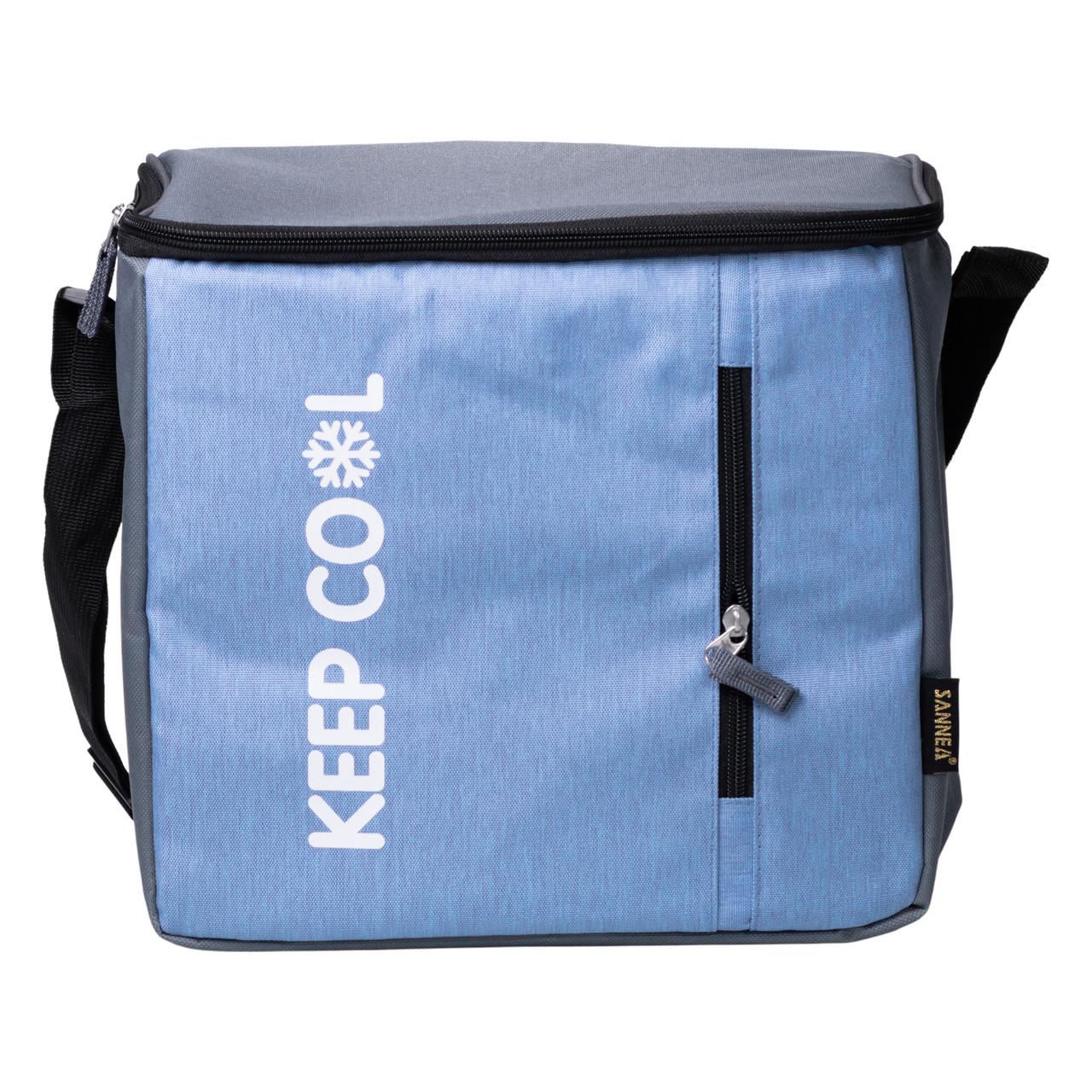 термосумка для еды 16 л голубая — внешний вид сумки-холодильника с карманом и ремнём