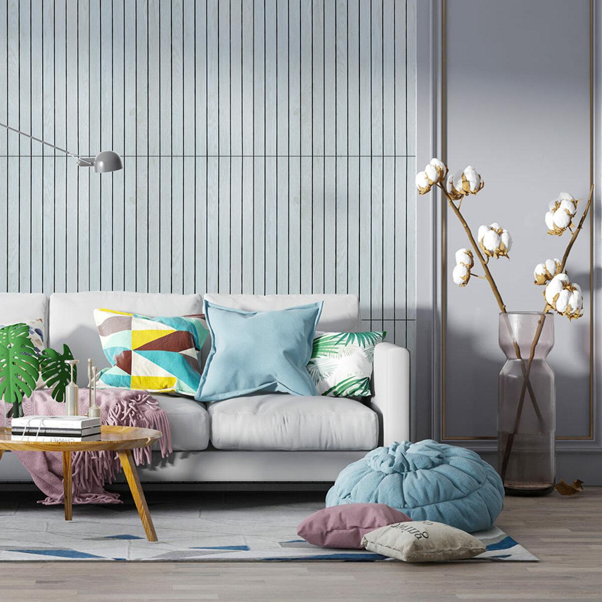 Виниловая самоклеящаяся рейка Скандинавский дуб 600x600 2,8 мм в интерьере гостиной