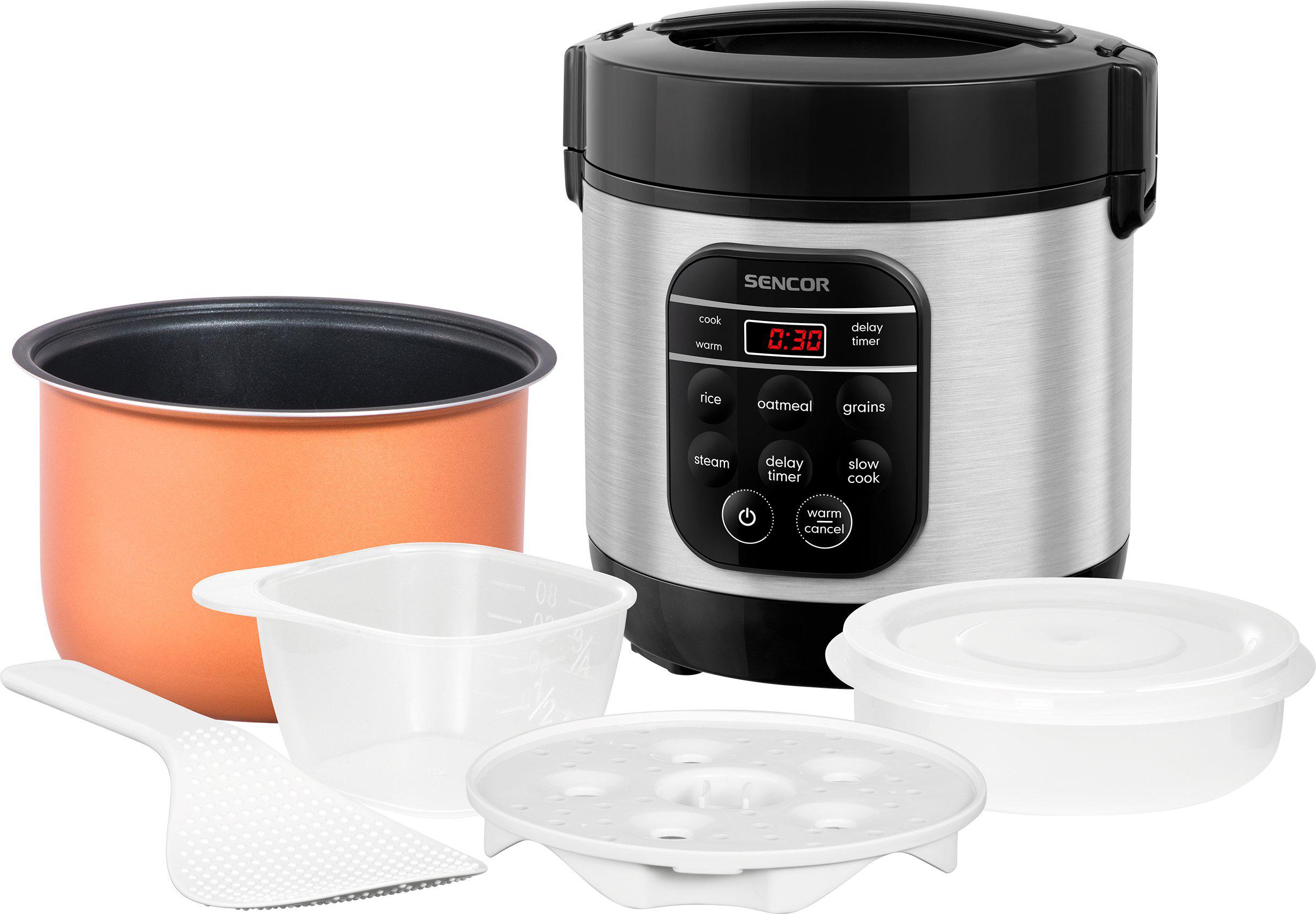 Рисоварка Sencor SRM0650SS у комплекті з чашею, пароваркою, мірним стаканом і ложкою