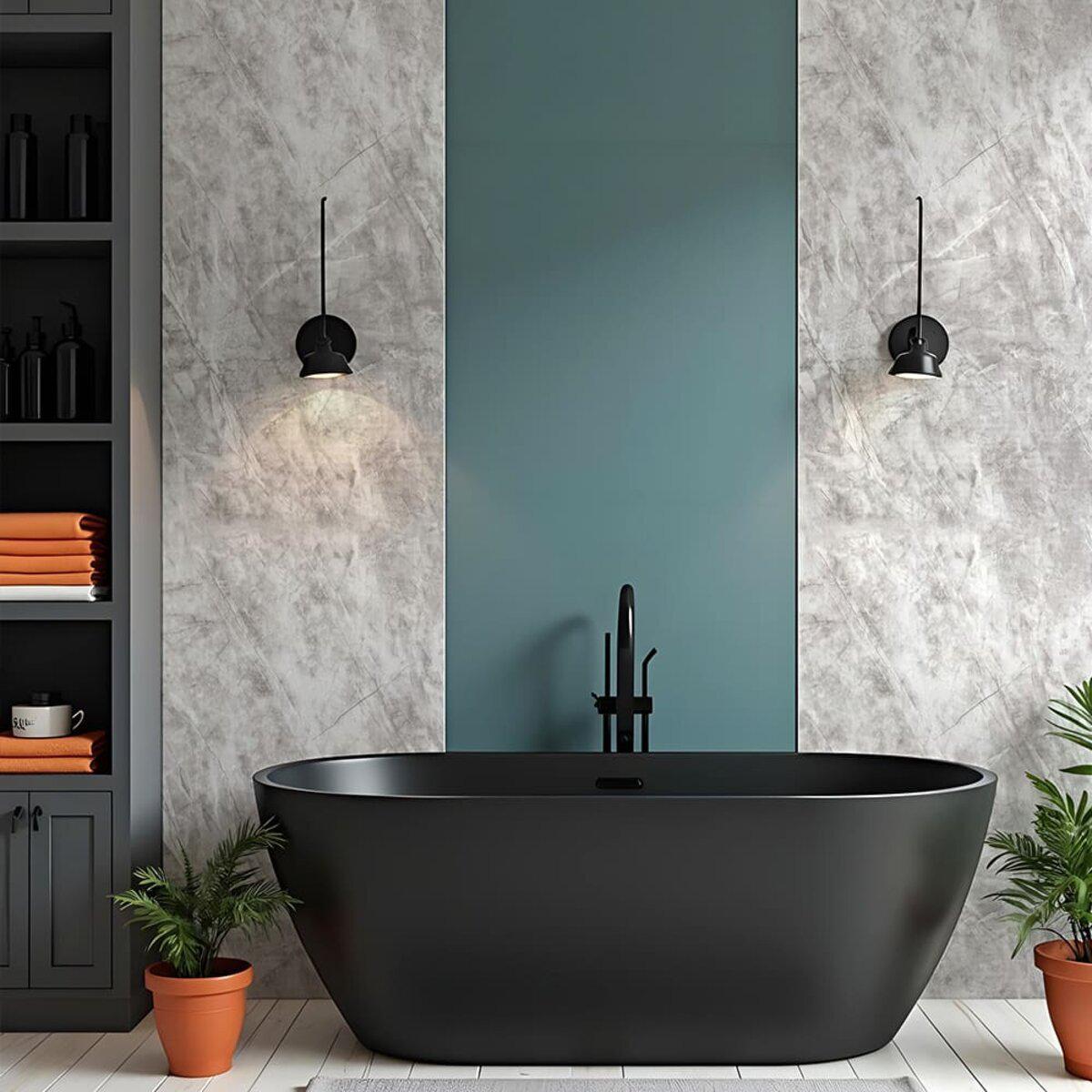 Самоклеюча стінова плитка в інтер’єрі ванної кімнати з сучасним декором