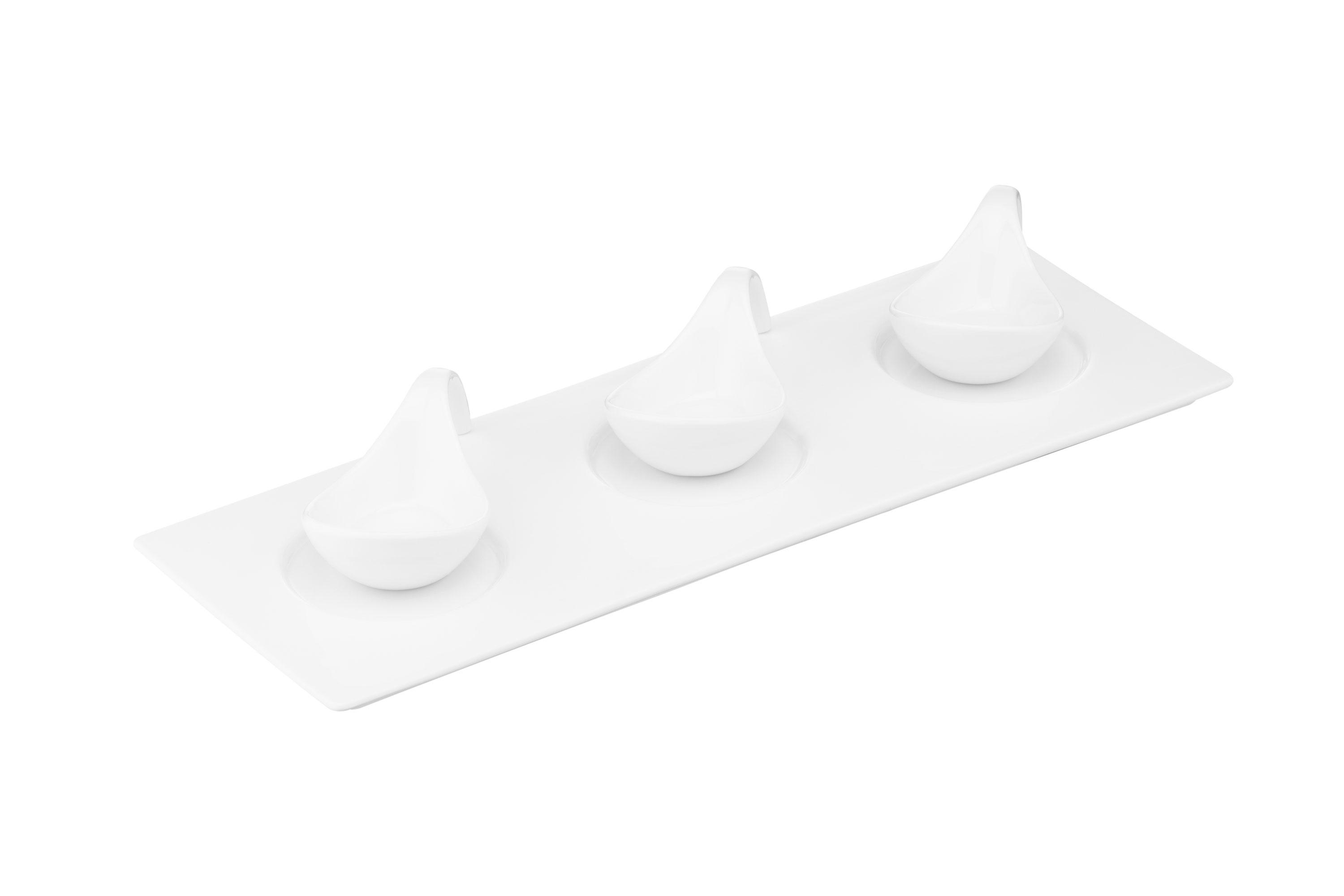 Длинная белая подставка для закусок 34x12 с тремя соусниками — фарфоровая подставка для подачи