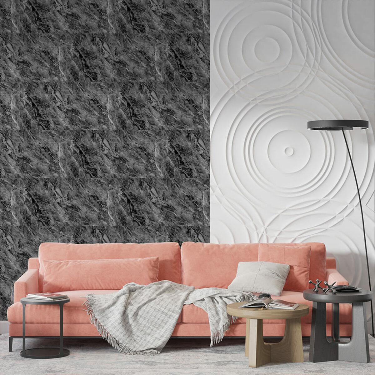 Декоративная самоклеящаяся PET плитка 600x300 мм в интерьере — панель для отделки стен под мрамор