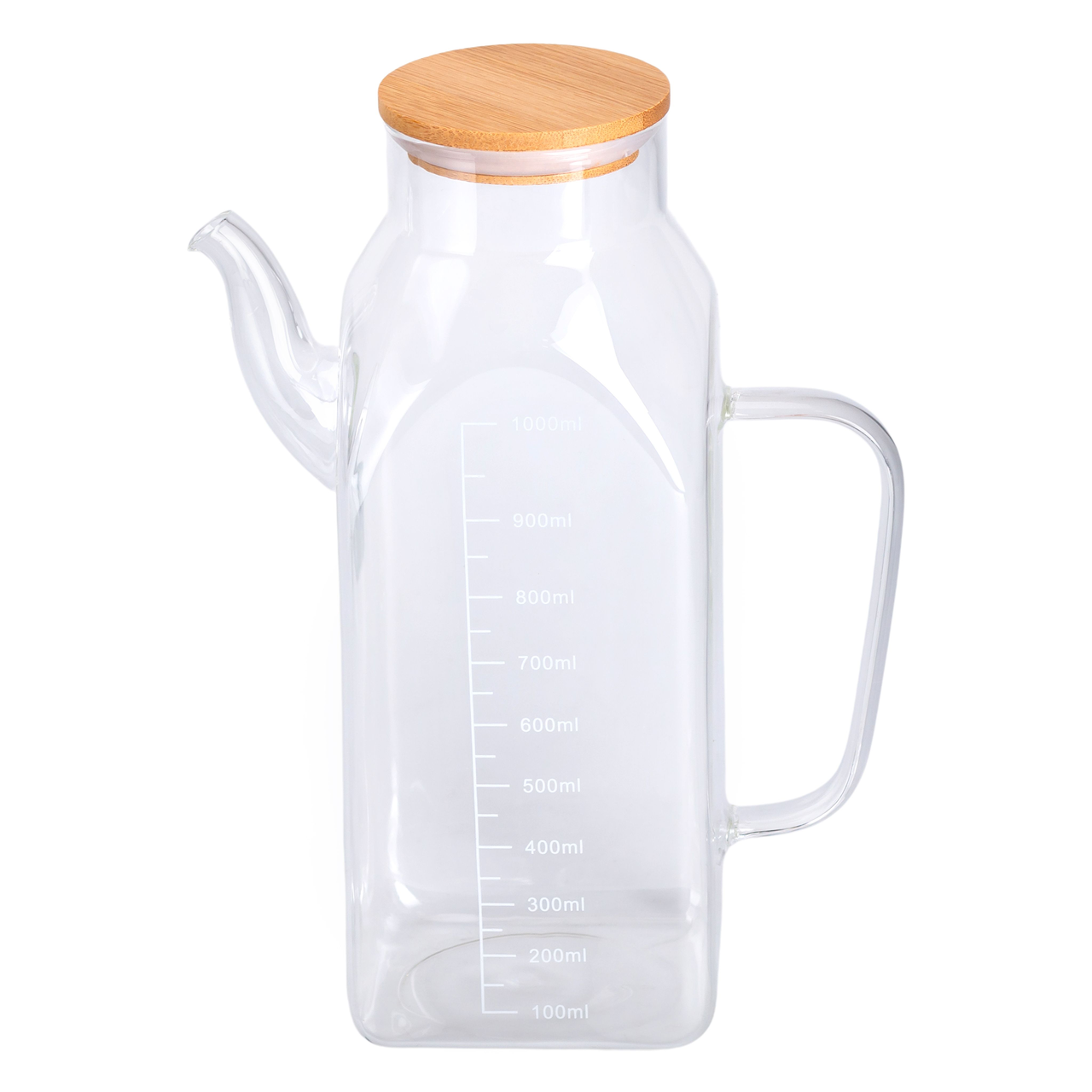 Стеклянный чайник для масла и уксуса с мерной шкалой и бамбуковой крышкой объемом 1 литр