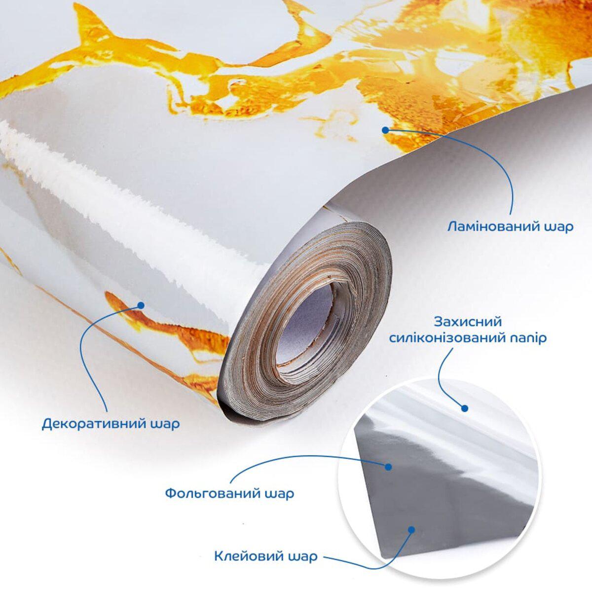 ламинованный самоклеящийся материал слои: ламинация, декоративный слой, фольга, клеевой слой