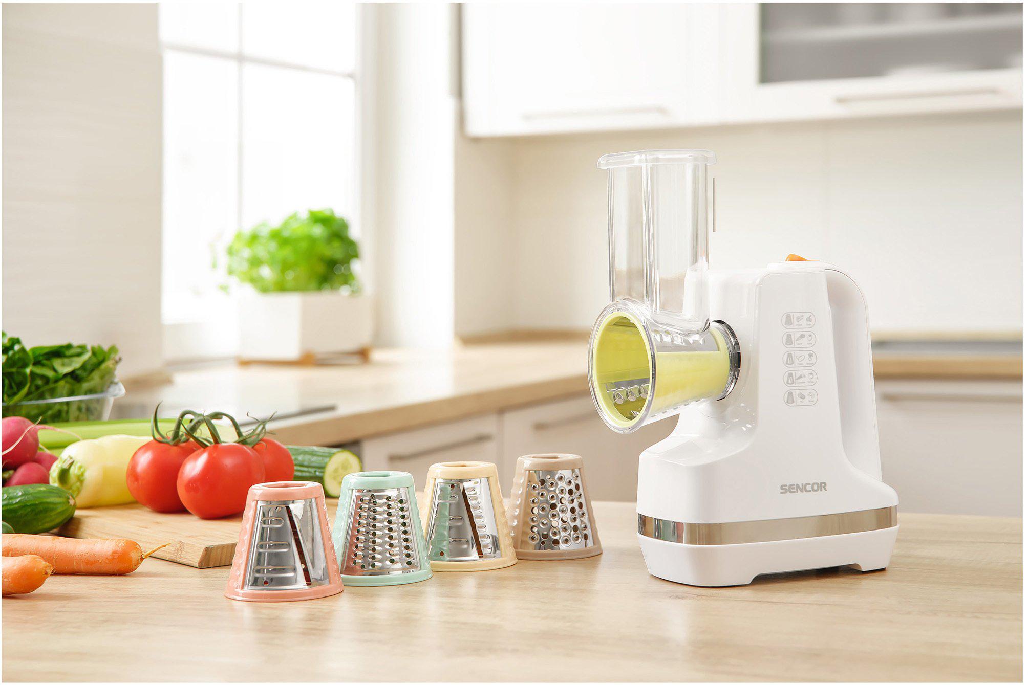 Компактная стационарная овощерезка 5 насадок — набор насадок и корпус белый