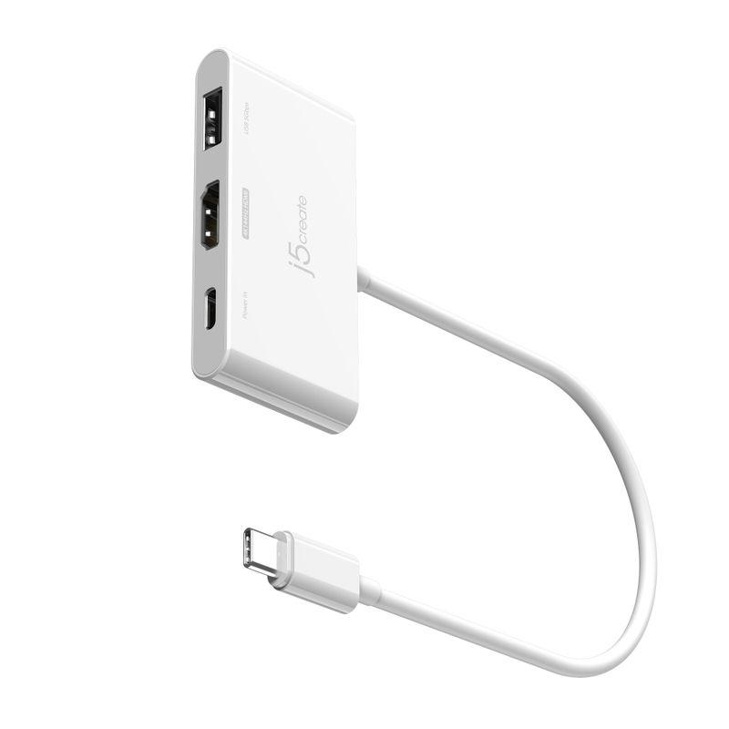 Білий адаптер USB-C на HDMI J5create JCA399-N з портами USB-A 5 Гбіт/с і USB-C Power Delivery 100 Вт