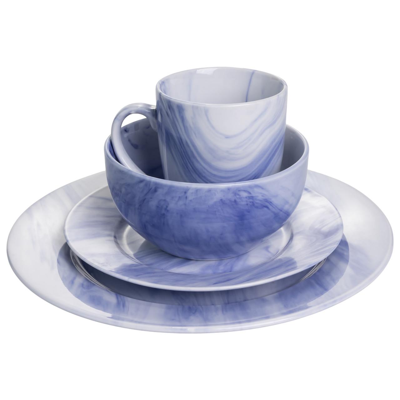 Фарфоровий столовий сервіз Marble Clara на 6 персон у синьому мармуровому дизайні, комплект тарілок і чашок