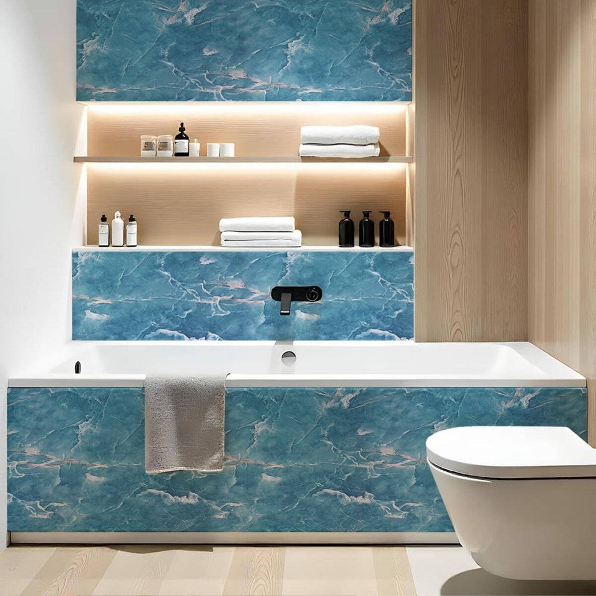 ламинированная самоклеящаяся пленка 60х10000 в интерьере — облицовка ванны и мебели, голубой мрамор