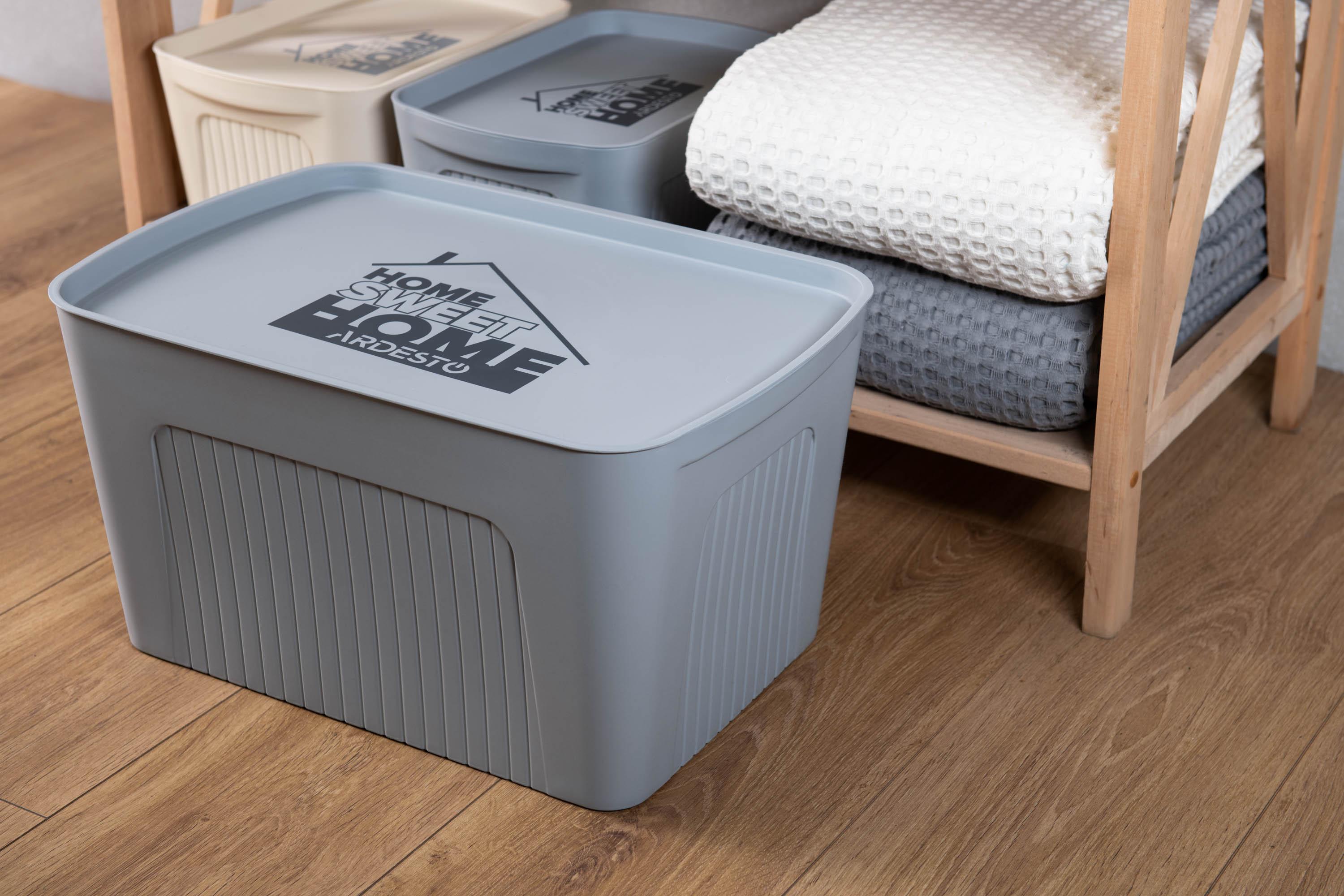 Ящик с крышкой для хранения вещей Ardesto 13 л в интерьере, серый пластик