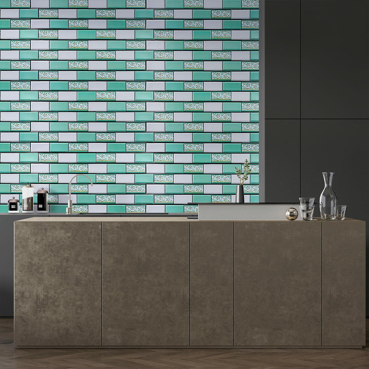 декоративная ПВХ панель кирпич зелёный орнамент в интерьере ванной, панель 960x480x4мм