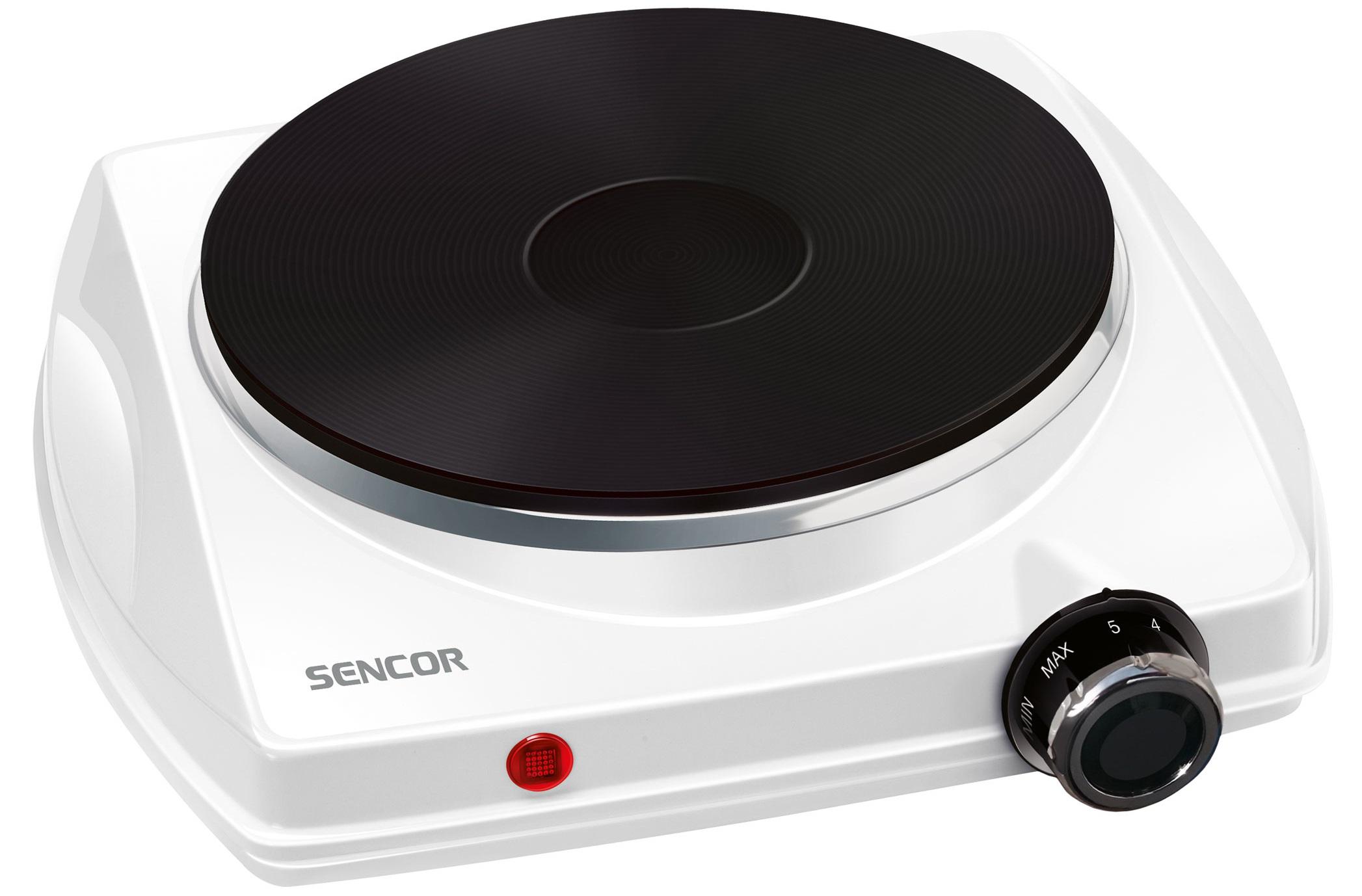 настольная электрическая плитка 1500 Вт Sencor сбоку с чугунной конфоркой и механическим регулятором