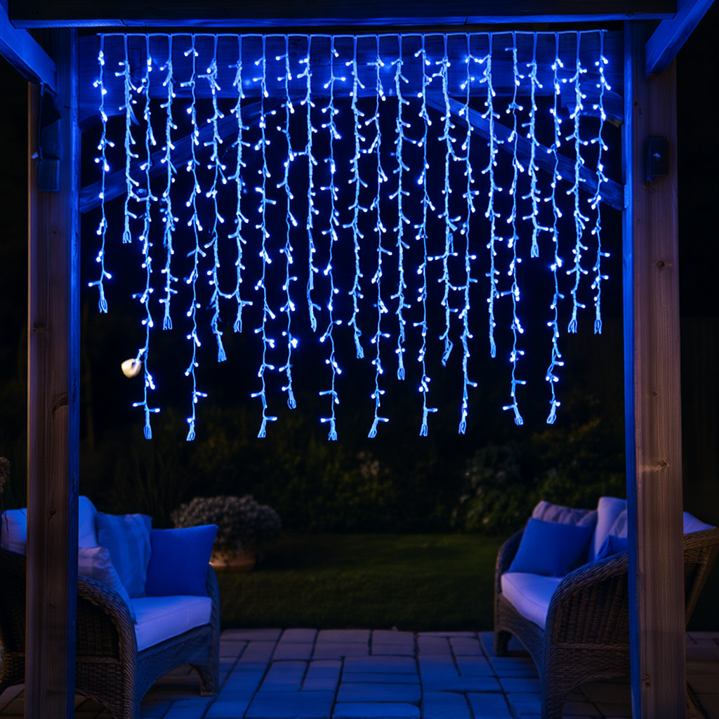 гирлянда каскад 600 LED — синяя уличная бахрома для окон и балконов 36 метров